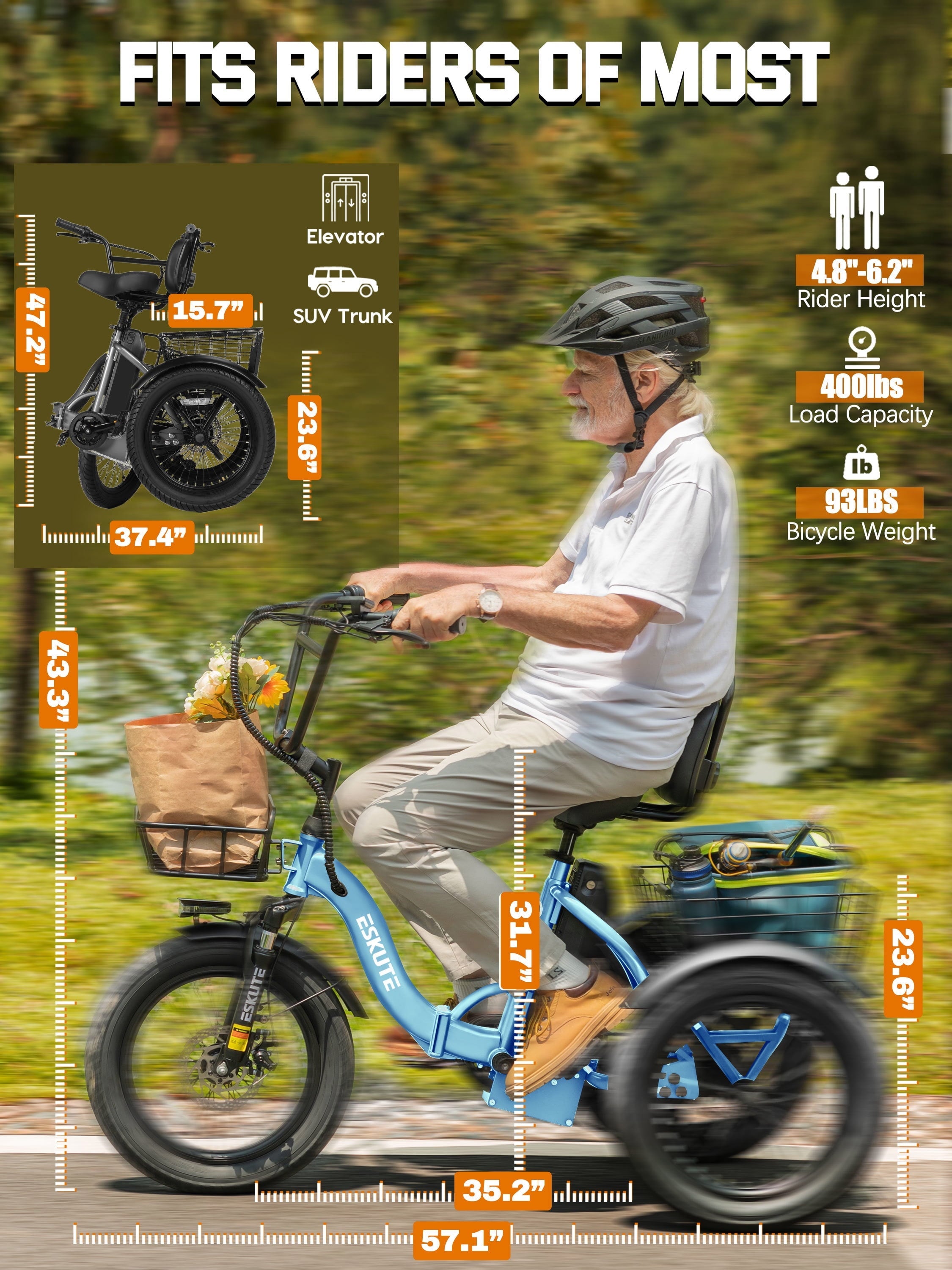ESKUTE Electric Tricycle for Adults, 1200W Peak Motor, Up to 55 Miles Range, 624Wh Removable Battery, Folding 3-Wheel Ebike with 18x3.0 Fat Tires, Step-Through Red, UL2849
