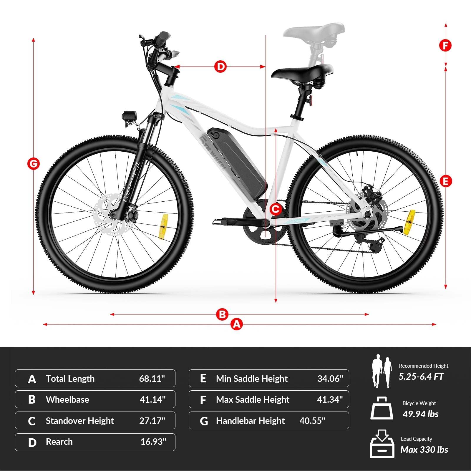 5TH WHEEL WLB17 26 Electric Bike for Adult, 500W Peak Ebike with 36V 10.4Ah Removable Battery, Electric Bicycle with 7 Speed, UL2849, White/Black