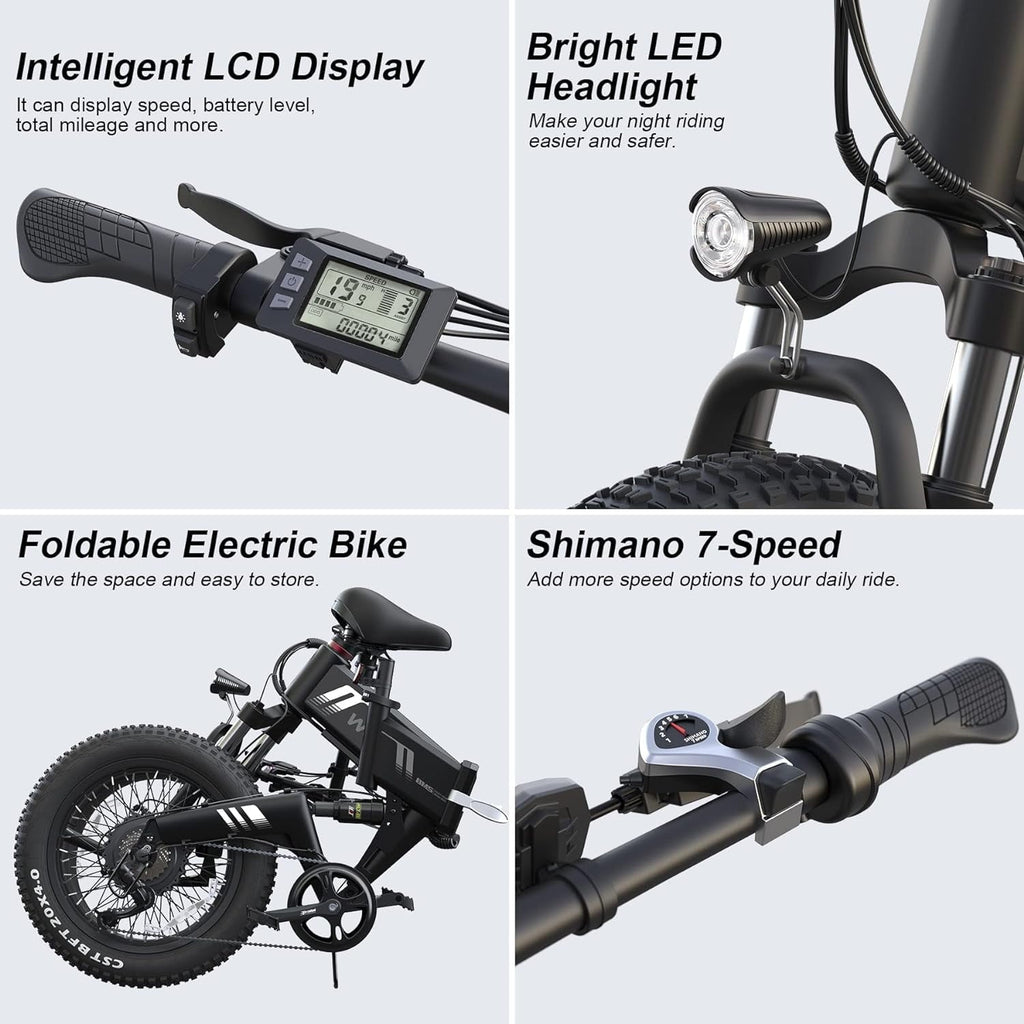 Wooken 20X4.0 Fat Tire Electric Bike for Adults, 500W Foldable Electric Bicycle with 48V 10Ah Built-in Battery, Shimano 7 Speed, Dual Shock Absorber