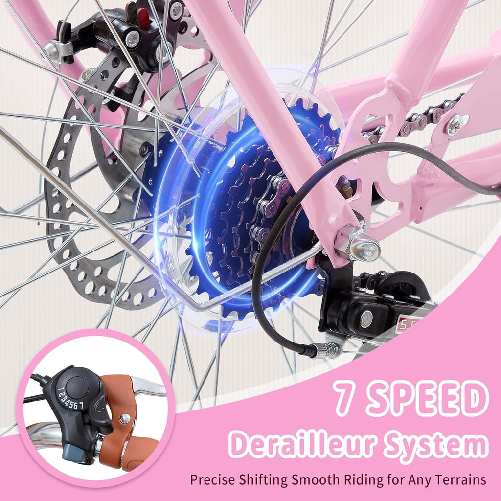 24 Beach Cruisers for Women, Pipleo Bikes for Women with Rattan Basket, 7-Speed & Step-Through Frame