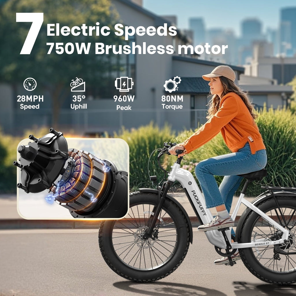PUCKIPUPPY 960W Peak Electric Bike for Adults Step Through E-Bike 28mph Max Speed 60Miles Range 26 Fat Tire Electric Mountain Bike 48V 15AH Battery 7 Speed off-Road Ebike, Comply with UL2849 By SGS