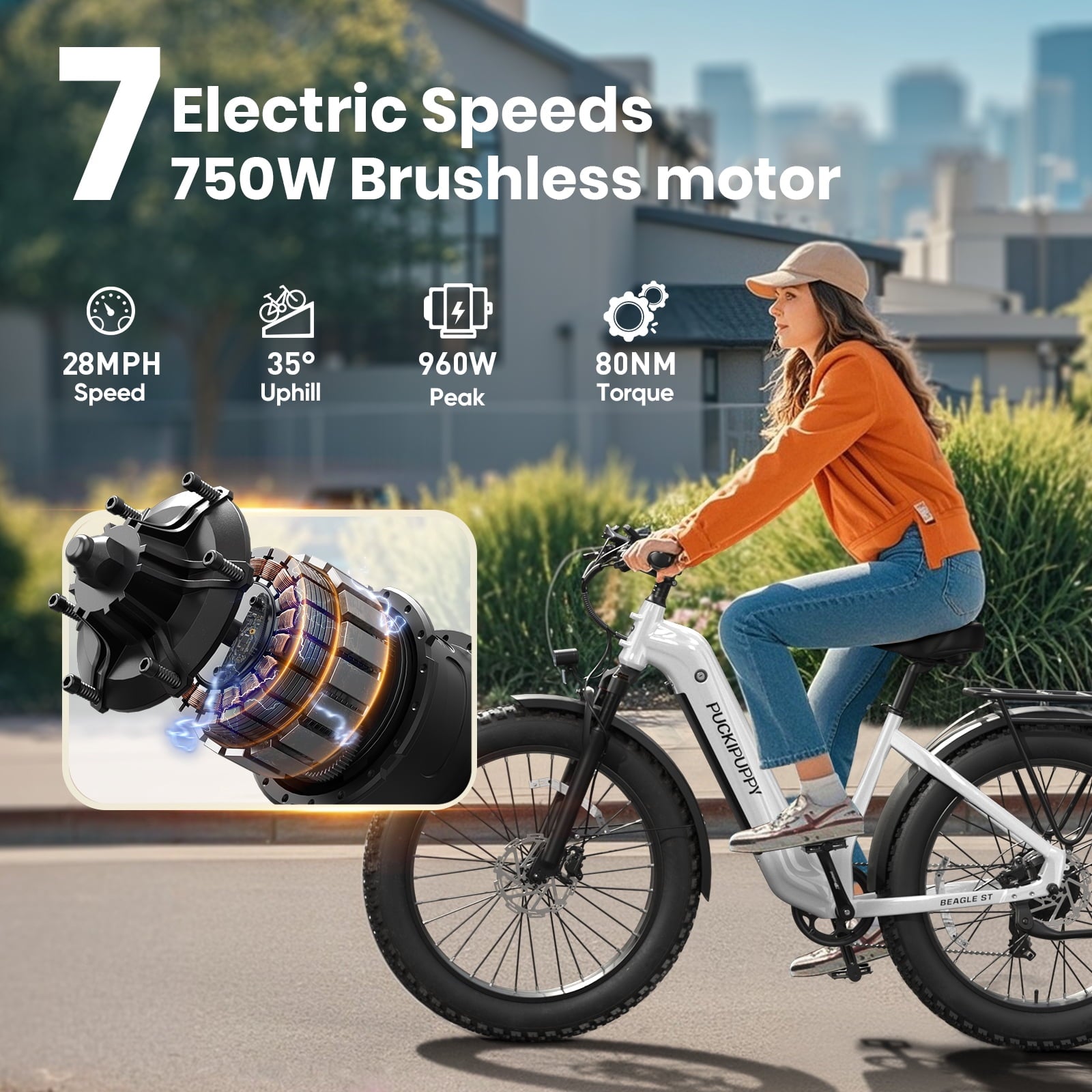 PUCKIPUPPY 960W Peak Electric Bike for Adults Step Through E-Bike 28mph Max Speed 60Miles Range 26 Fat Tire Electric Mountain Bike 48V 15AH Battery 7 Speed off-Road Ebike, Comply with UL2849 By SGS