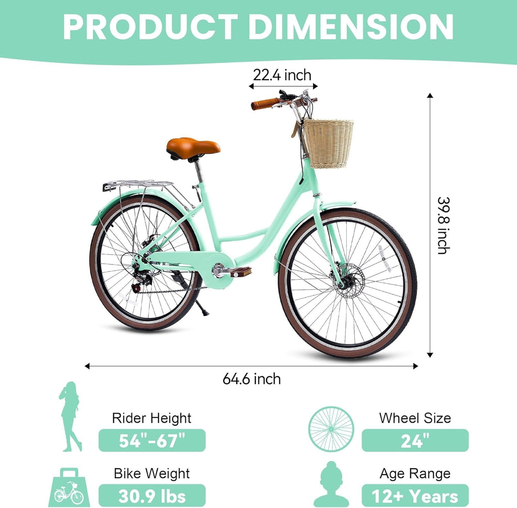 24 Beach Cruisers for Women, Pipleo Bikes for Women with Rattan Basket, 7-Speed & Step-Through Frame