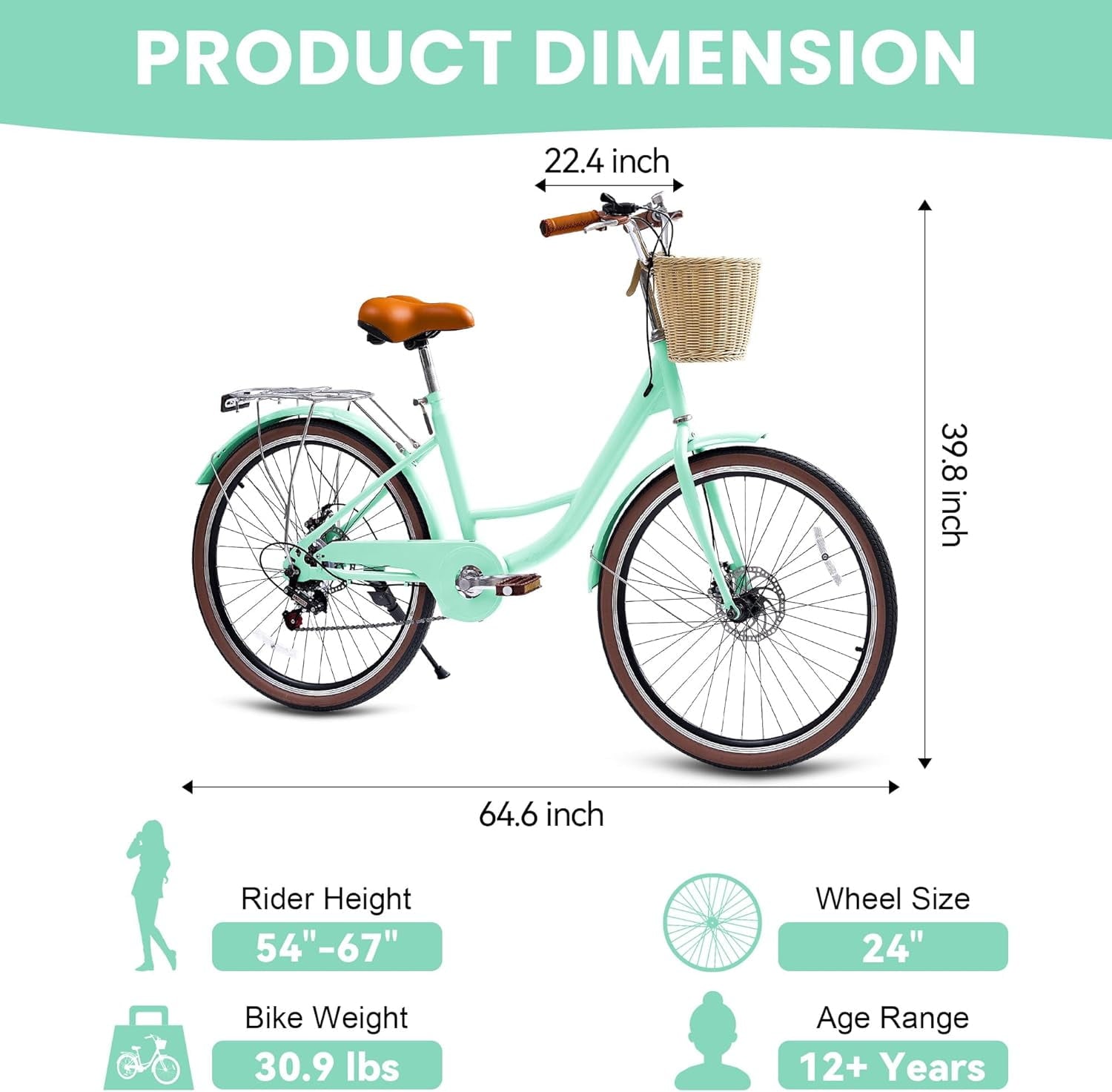 24 Beach Cruisers for Women, Pipleo Bikes for Women with Rattan Basket, 7-Speed & Step-Through Frame