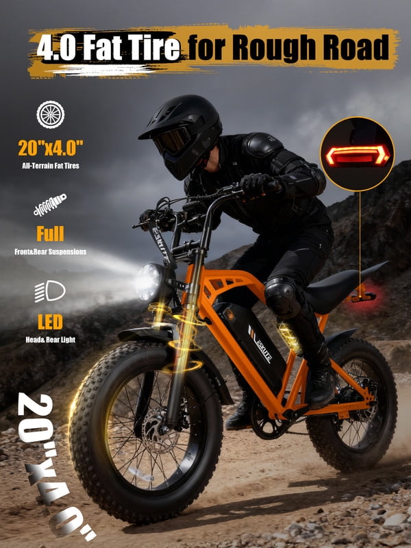 ESKUTE Electric Bike for Adults & Teens, 29MPH, 80 Miles Range, 48V 20.8Ah Battery, 20 x 4.0 Fat Tire, Dual Suspension, 7-Speed Off-Road Ebike Orange, UL2849