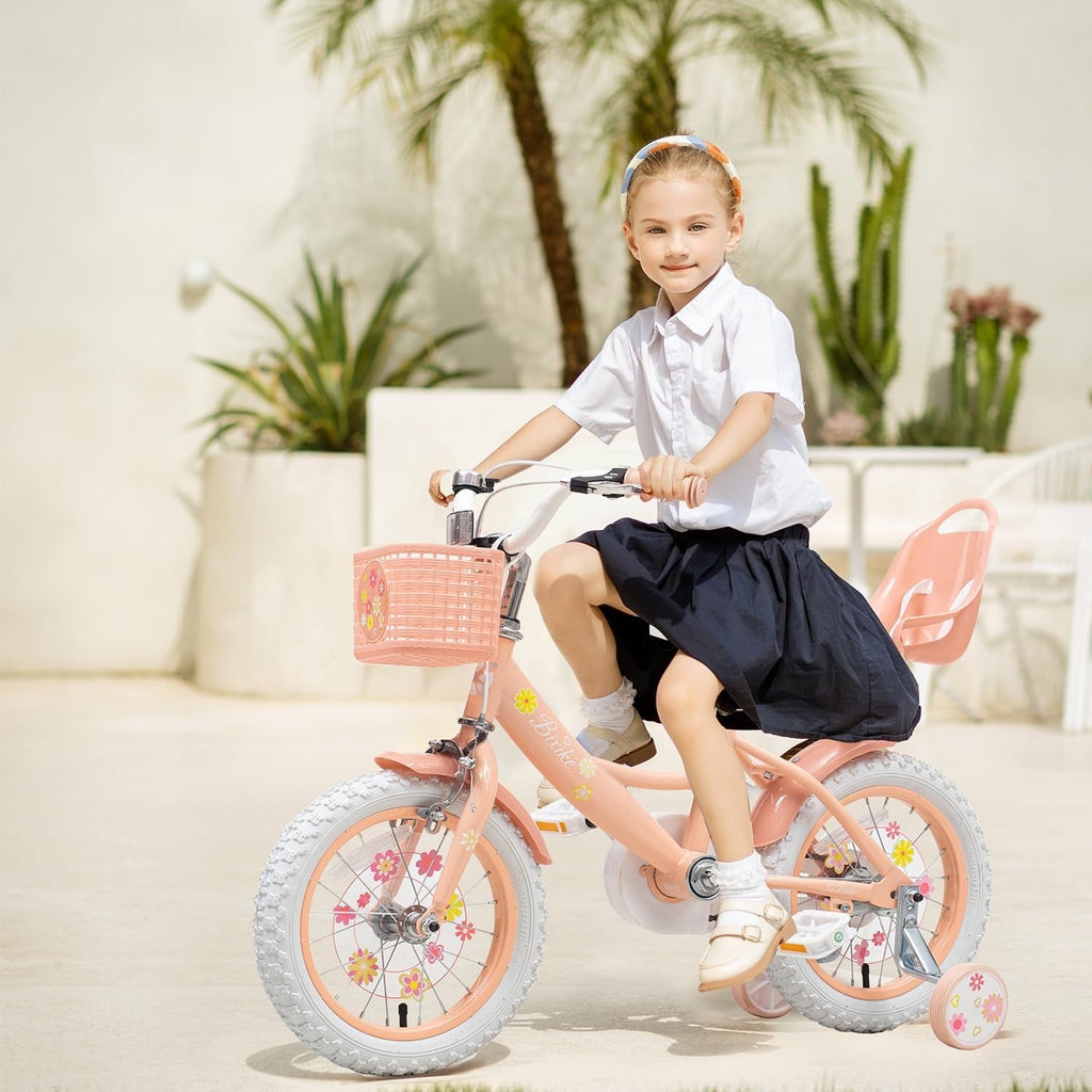 ACEGER 14 Inch Girls Bike with Basket, Training Wheels, Doll Seat, Purple Kids Bicycle for Ages 3-5
