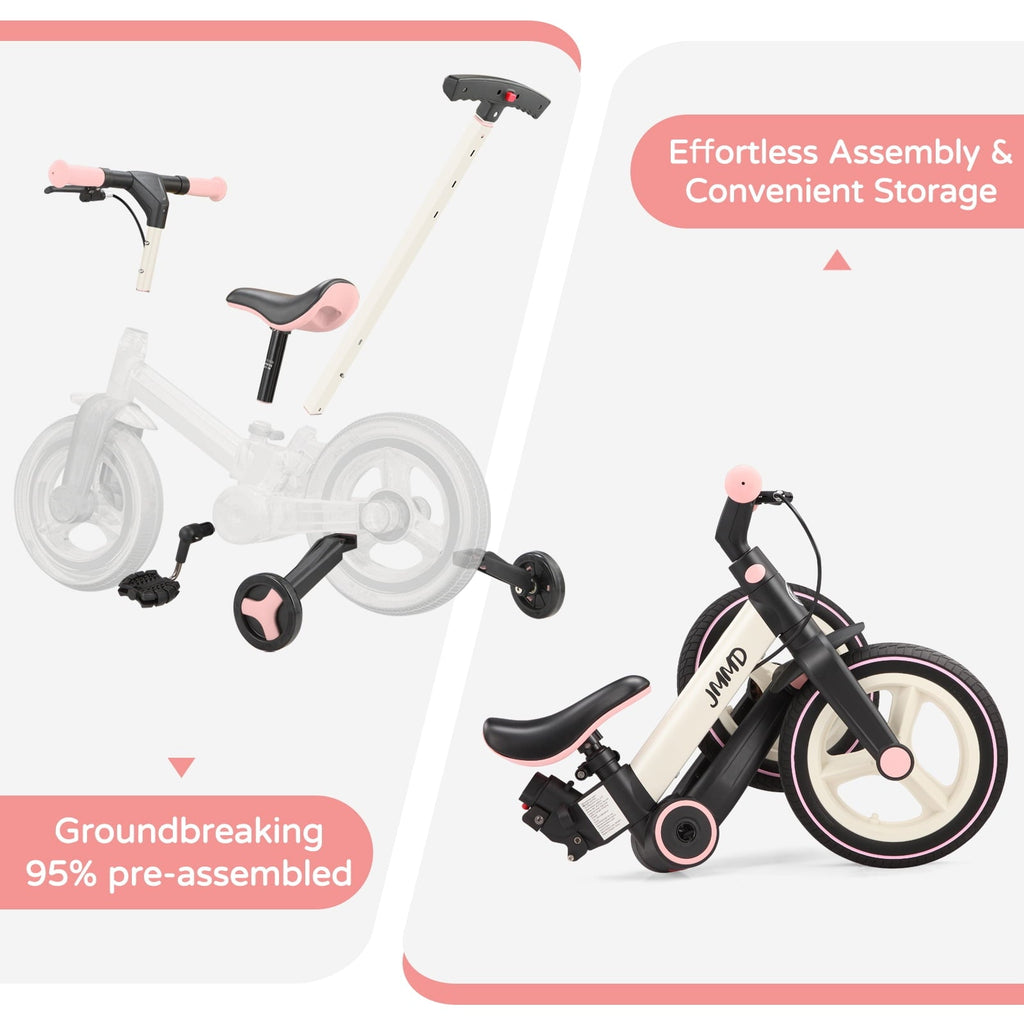 JMMD Toddler Bike with Push Handle for Kid 18-60 Months, 6 in 1 Foldable Tricycle with Training Wheel, Pedals, Kid Balance Bike for Boy & Girl, Black