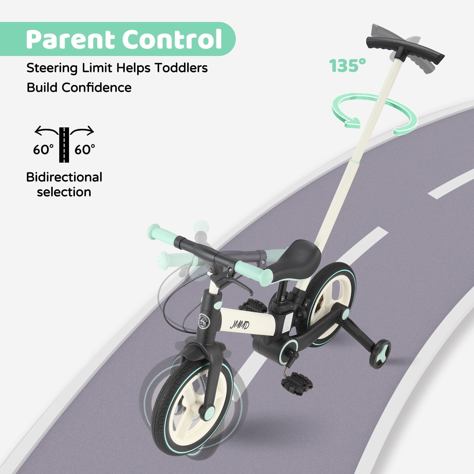 JMMD Toddler Bike with Push Handle for Kid 18-60 Months, 6 in 1 Foldable Tricycle with Training Wheel, Pedals, Kid Balance Bike for Boy & Girl, Black