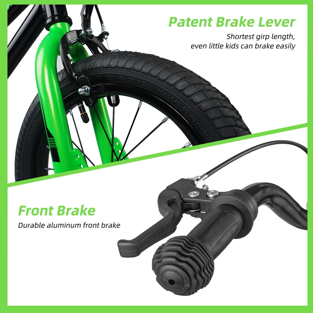 GLAF 12 14 16 Inch Boys Bike with Training Wheels & Water Bottle Holder, for Kids Ages 2-7 Years, Durable Construction, Green
