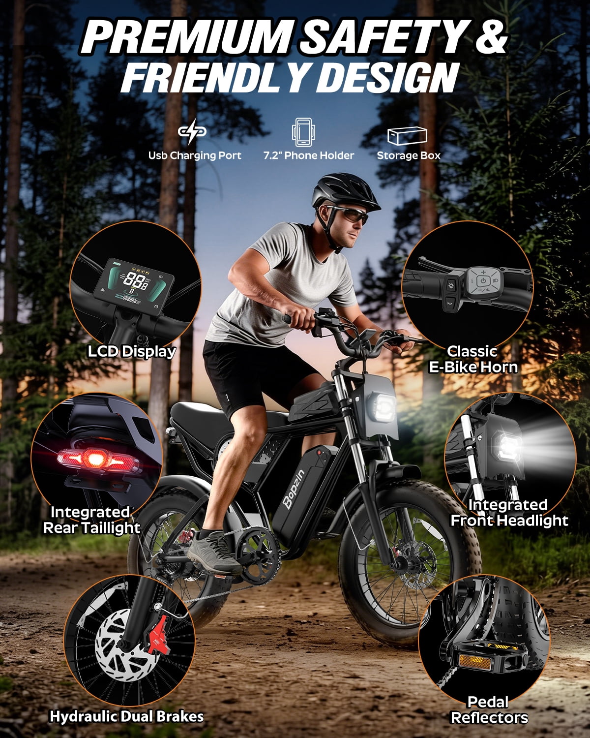 Bopzin Electric Bike for Adults, Peak 1500W App & Anti-Theft, 48V/25Ah, 20x4.0 Fat Tire Ebike, UL2849 E-Mountain Bike