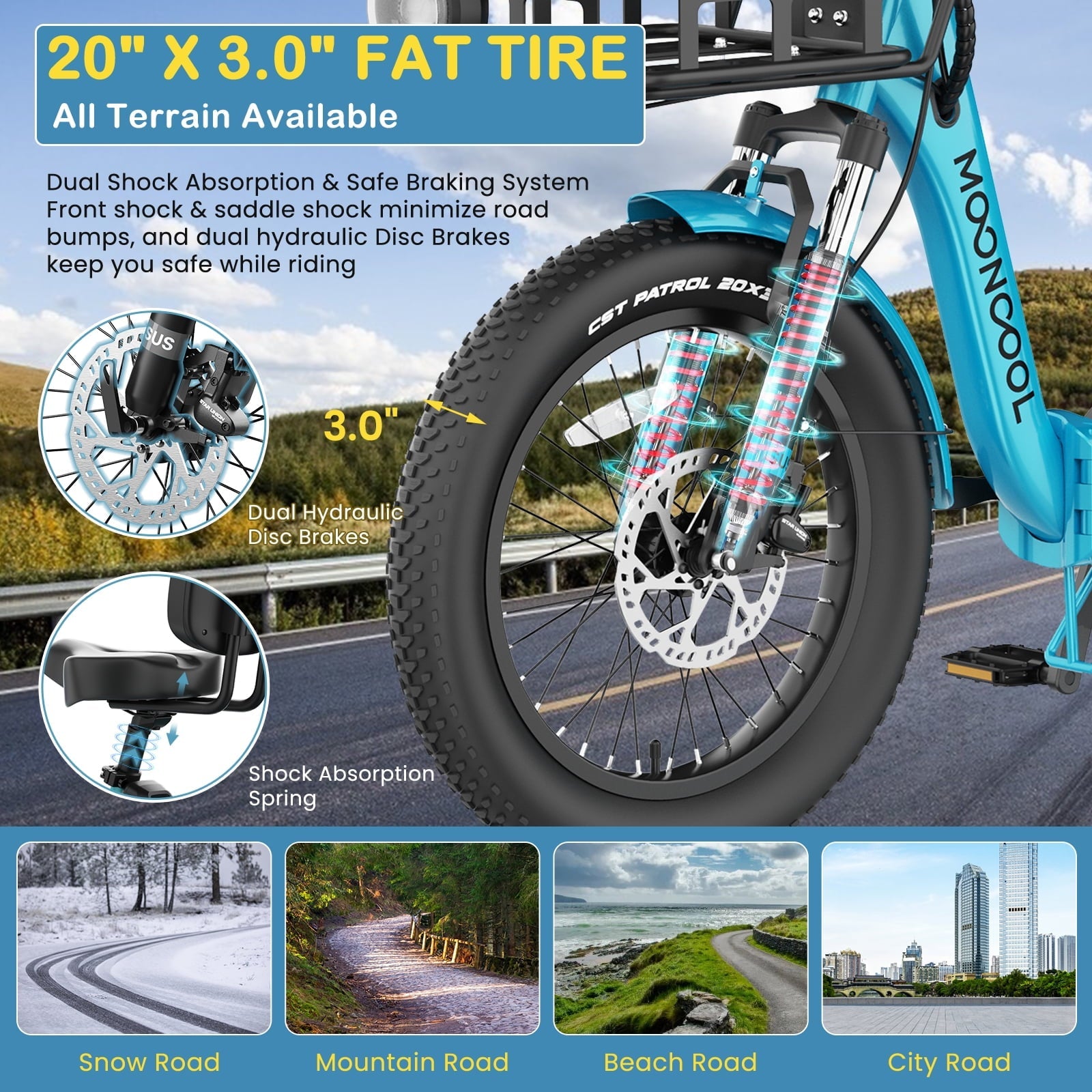 MOONCOOL TK Pro Foldable Electric Tricycle W/ Rearview mirror accessory Kit, 1500W Motor 48V 20Ah Battery, 20 Fat Tire Three Wheel 6-Speed Electric Mountain Bicycle for Adults