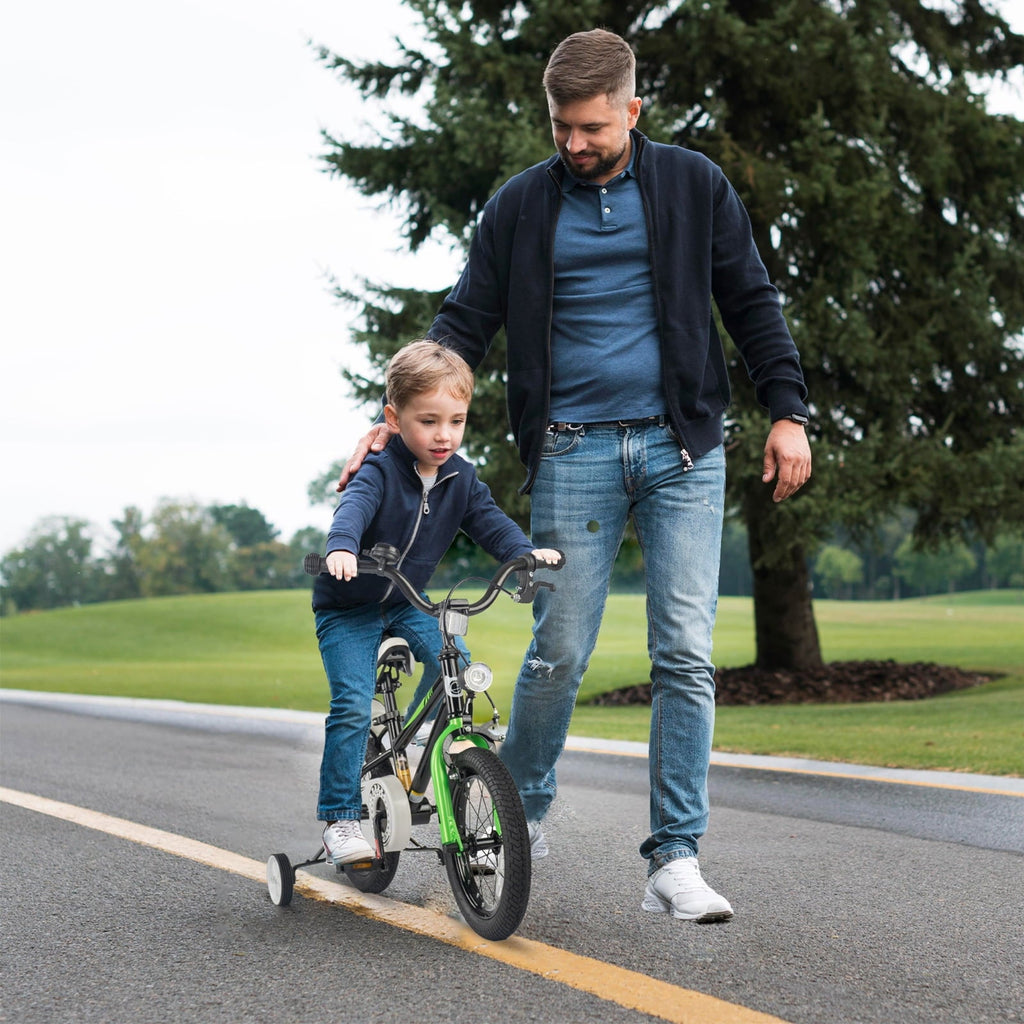 GLAF 12 14 16 Inch Boys Bike with Training Wheels & Water Bottle Holder, for Kids Ages 2-7 Years, Durable Construction, Green