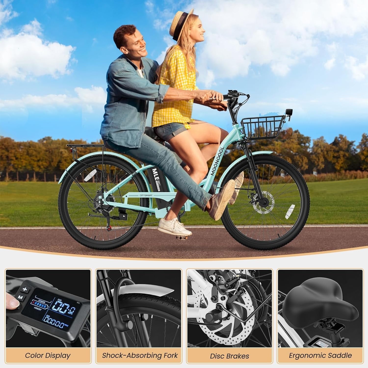 MOONCOOL Electric Bicycle for Adults 350W , 7-Speed Ebike with 36V 10.4Ah Removable Battery . 40 Miles Range , 20 mph Electric Commuter Bike for Women Men