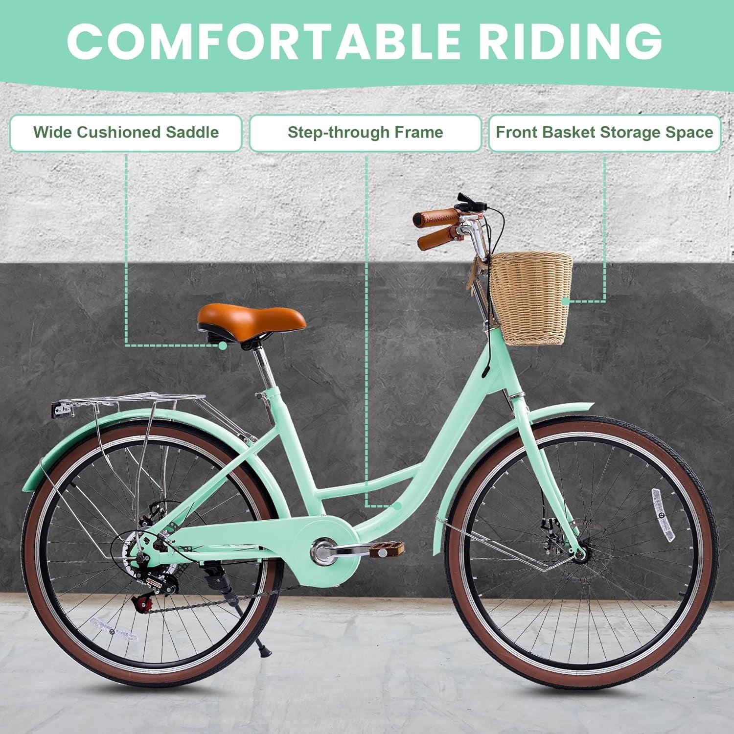 24 Beach Cruisers for Women, Pipleo Bikes for Women with Rattan Basket, 7-Speed & Step-Through Frame