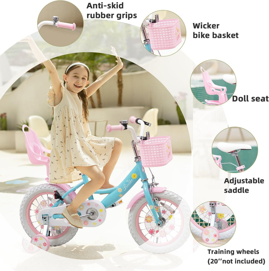 ACEGER 14 Inch Girls Bike with Basket, Training Wheels, Doll Seat, Purple Kids Bicycle for Ages 3-5