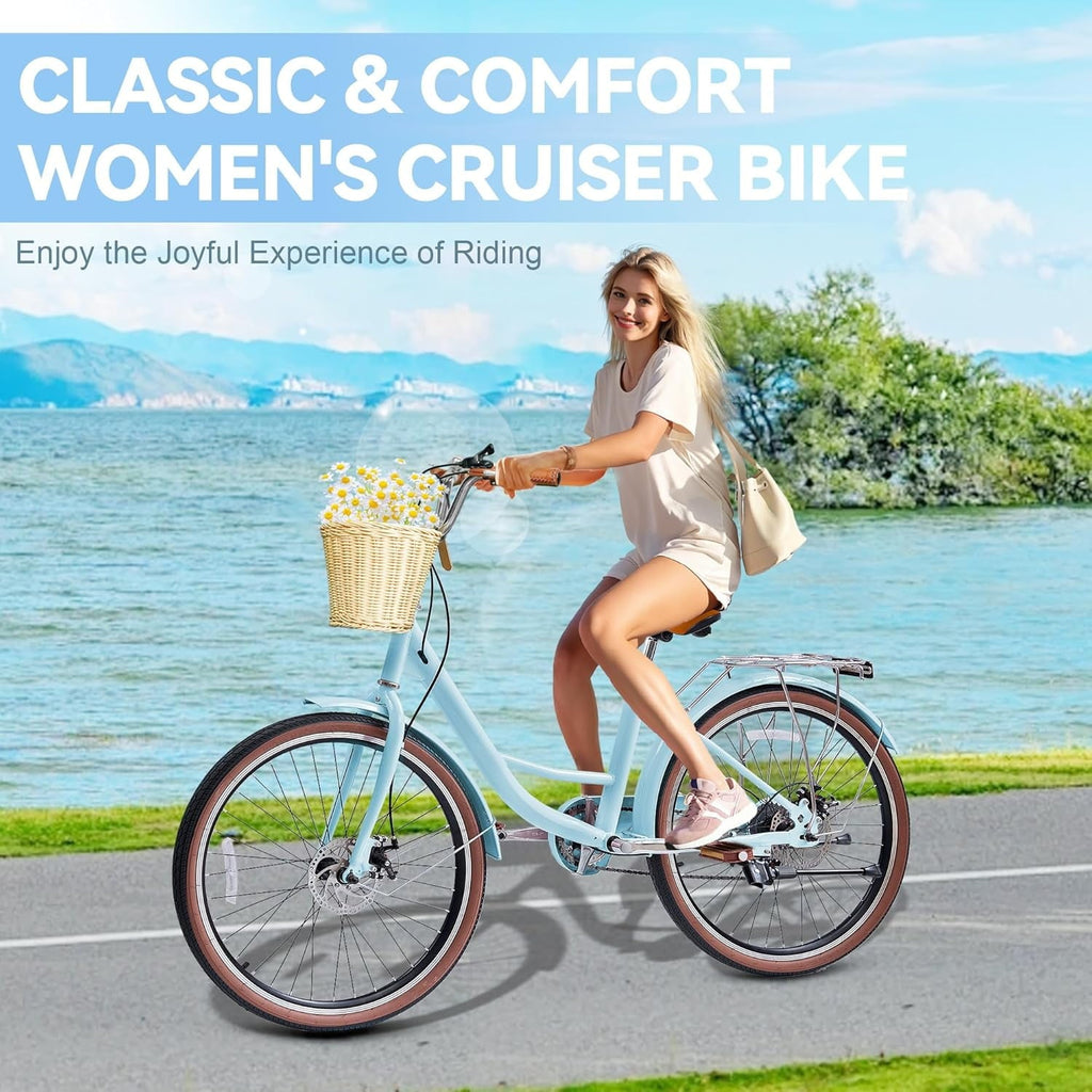24 Beach Cruisers for Women, Pipleo Bikes for Women with Rattan Basket, 7-Speed & Step-Through Frame