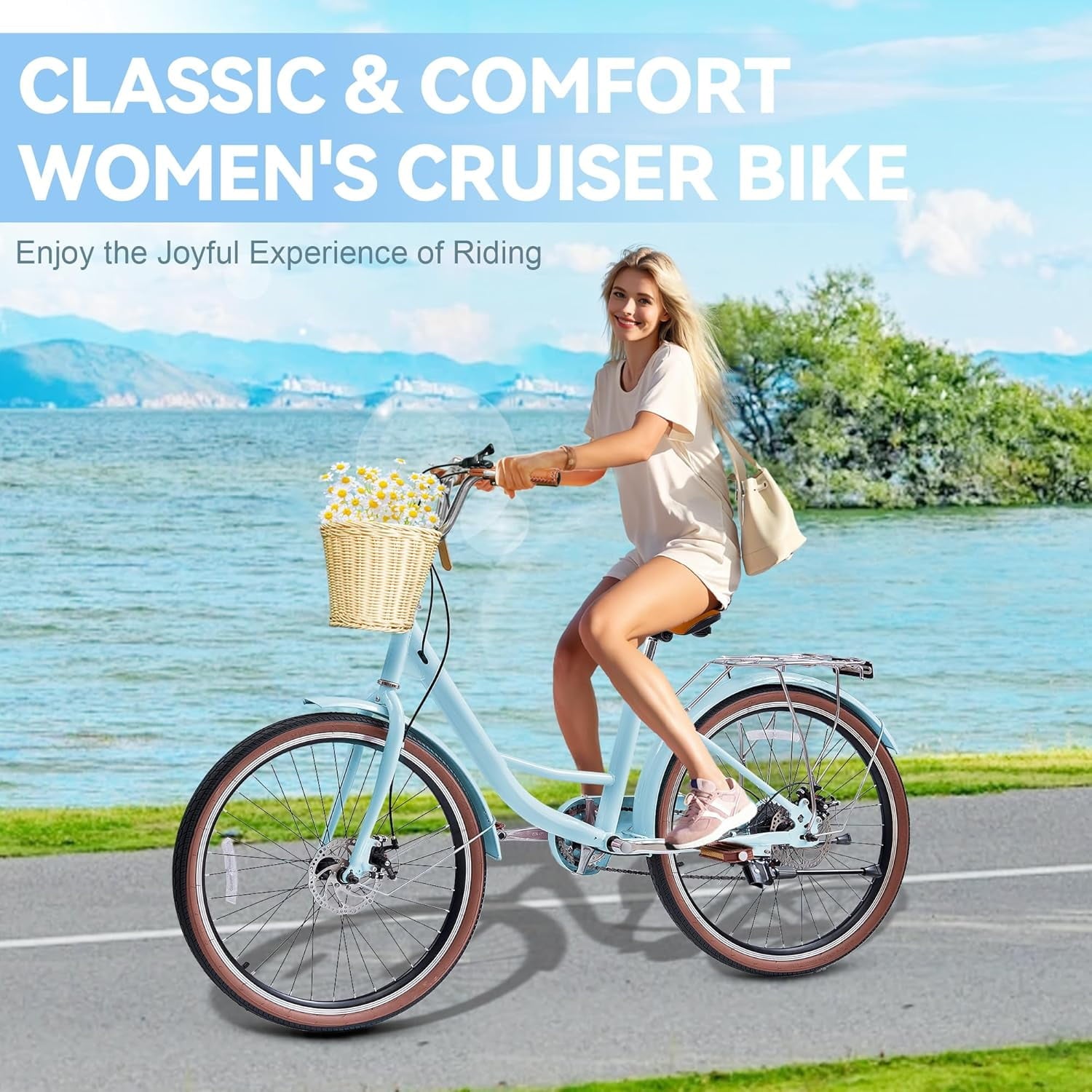 24 Beach Cruisers for Women, Pipleo Bikes for Women with Rattan Basket, 7-Speed & Step-Through Frame