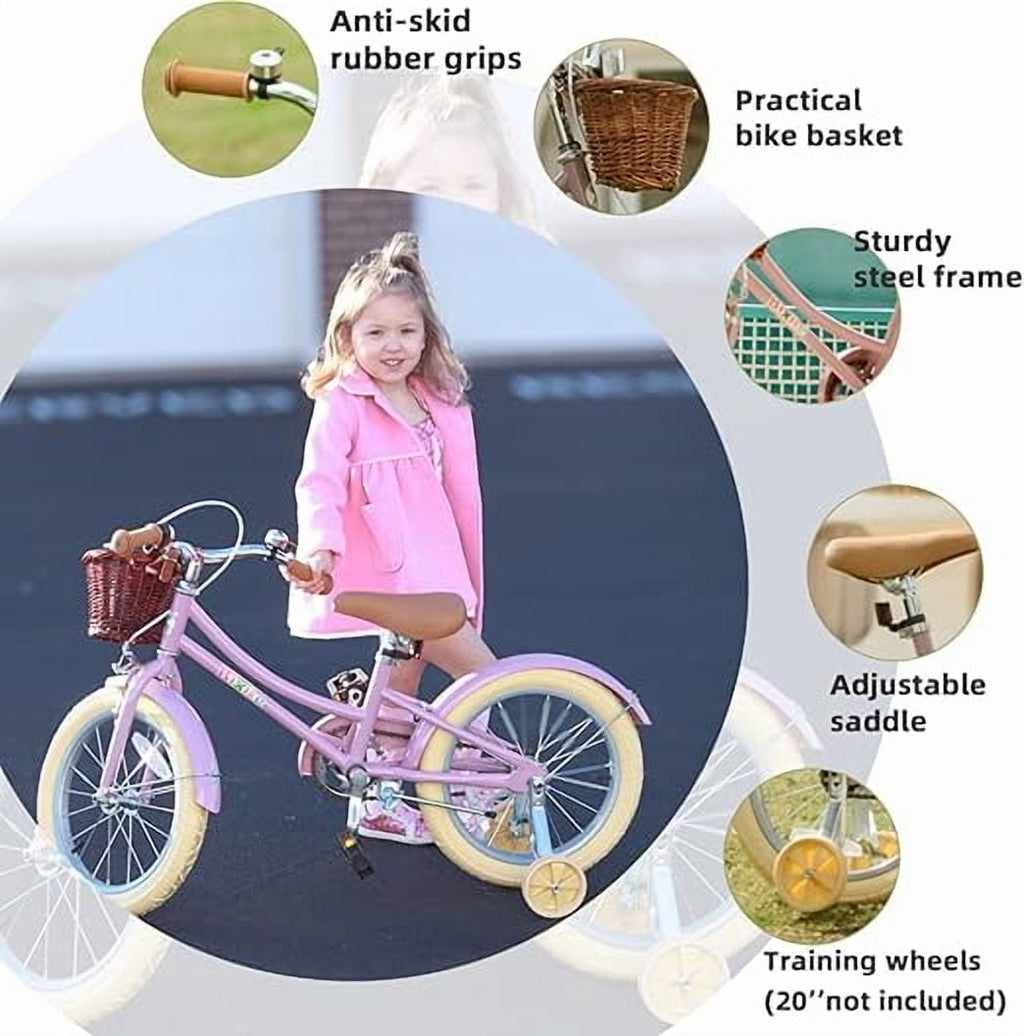 ACEGER 16 Inch Girls Bike with Basket, Purple, Training Wheels, Ages 4-8