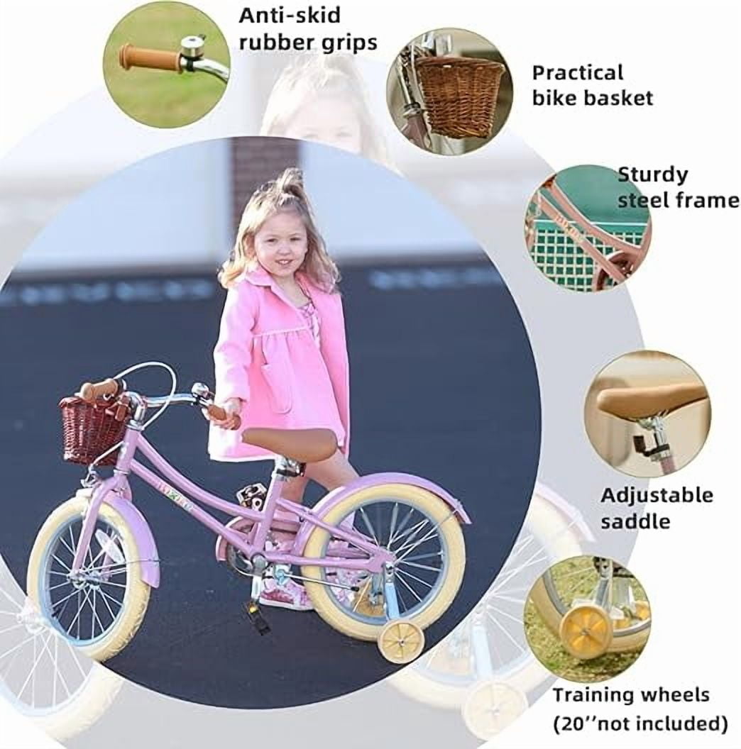 ACEGER 16 Inch Girls Bike with Basket, Purple, Training Wheels, Ages 4-8