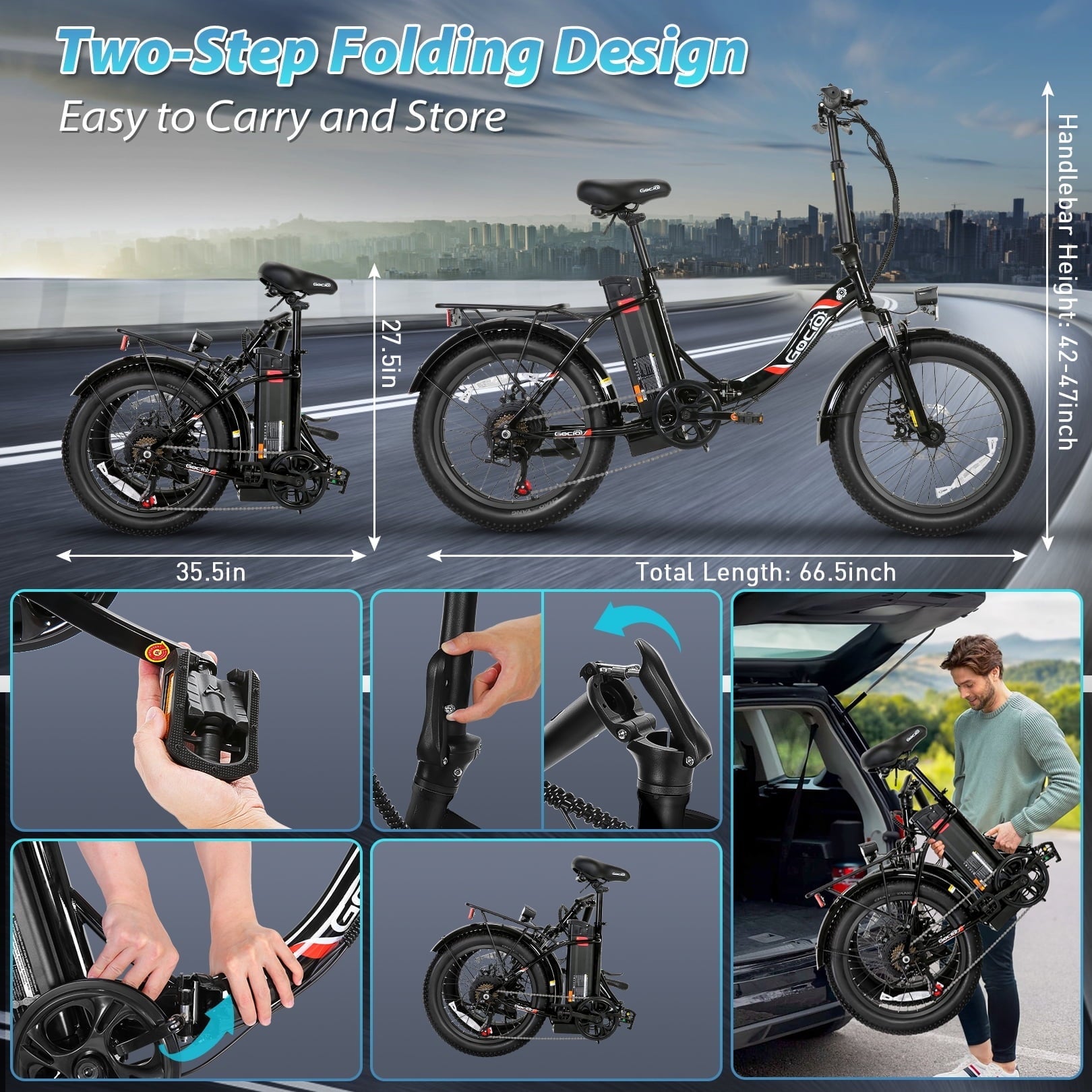 Gocio 20 Folding Electric Bike for Adults, 750W Peak Motor Fat Tire Commuter Ebike, 48V 10.4Ah Battery, 7 Speed, UL2849