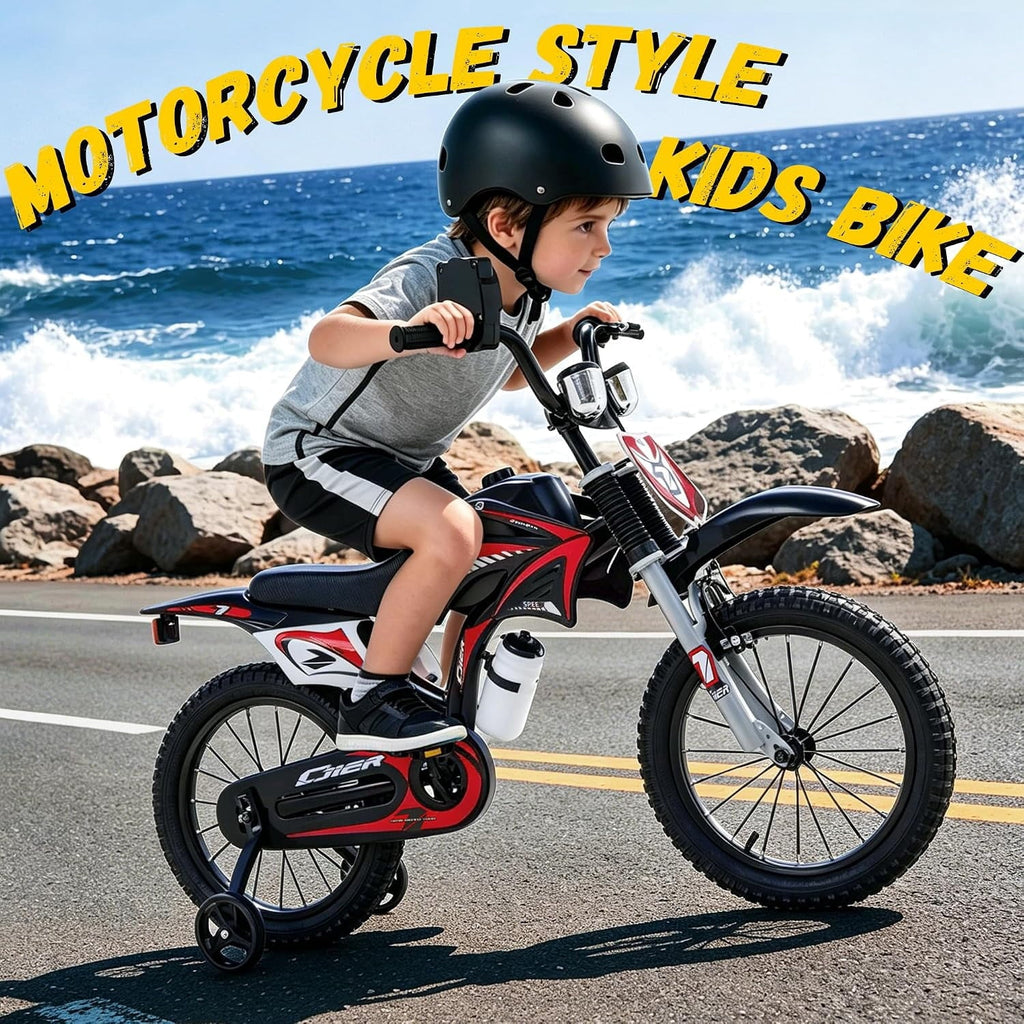 NEORIVER 12 Inch Motocross Style Kids Bike – Training Wheels, Sound Horn, Number Plate & Dashboard Included – Easy Assembly – Ages 3-12 Boys Girls