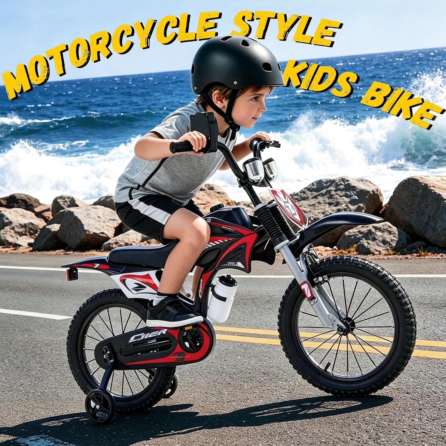 NEORIVER 12 Inch Motocross Style Kids Bike – Training Wheels, Sound Horn, Number Plate & Dashboard Included – Easy Assembly – Ages 3-12 Boys Girls
