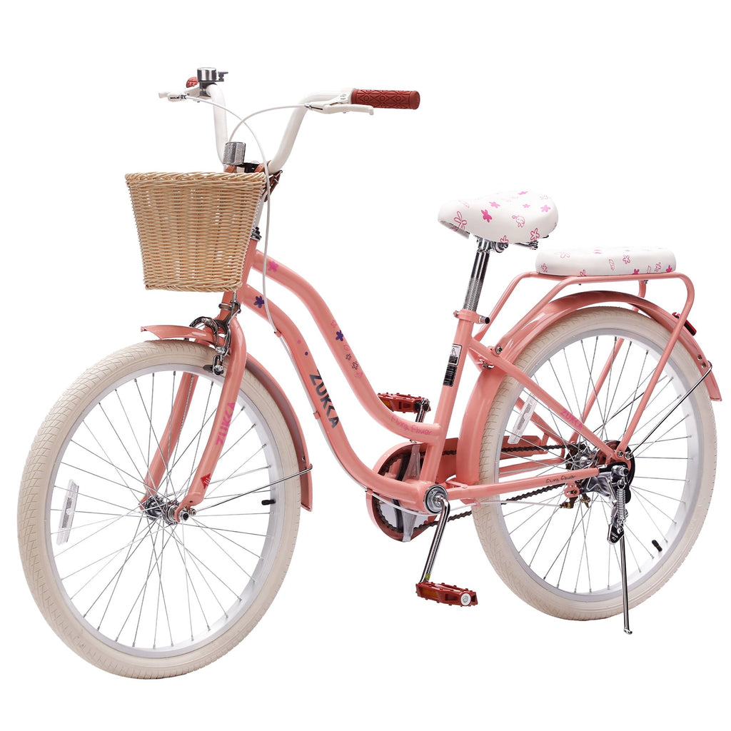 Dolonm 20 Kids Bike for Ages 7-10, Lightweight High-Carbon Steel Frame Cruiser Bicycle, Girls Bike with Wicker Basket, Rear Seat Rack, No Training Wheels, Pink