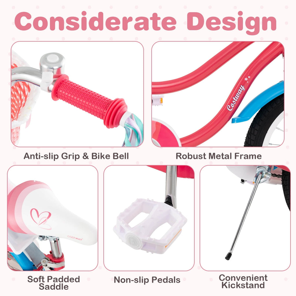 Costway 18 Inches Kids Bicycle with Training Wheels & Basket for Girls Age 4-8 Years Pink