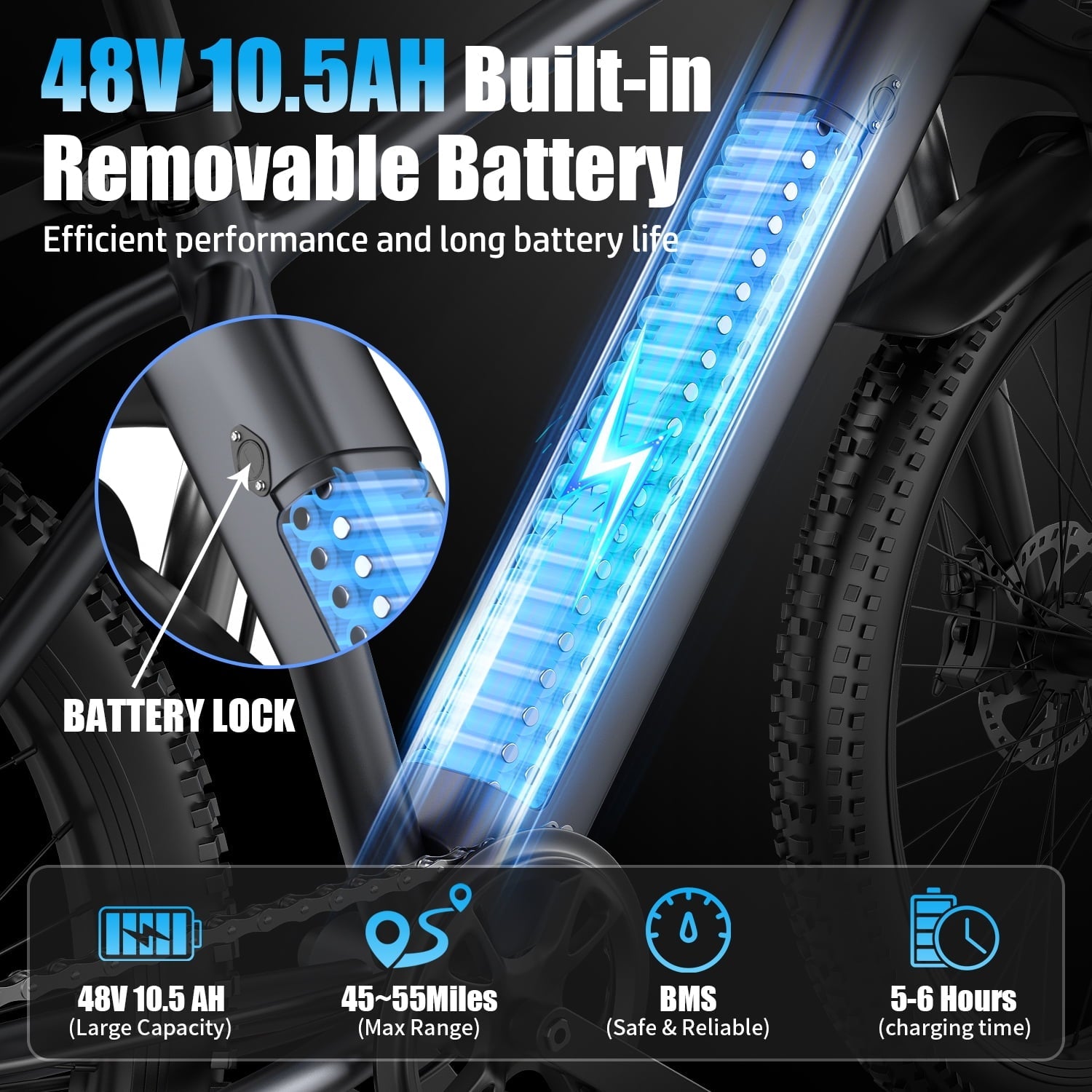 F28-1500W Peak 26 Electric Mountain Bike for Adults,48V 10.5A Off-Road E-Dirt Bike (Removable Battery）55 Mile Range,LCD Display,365 lbs Capacity,Pneumatic Tires-UL2849 Certified (Camp,Trail Rid)