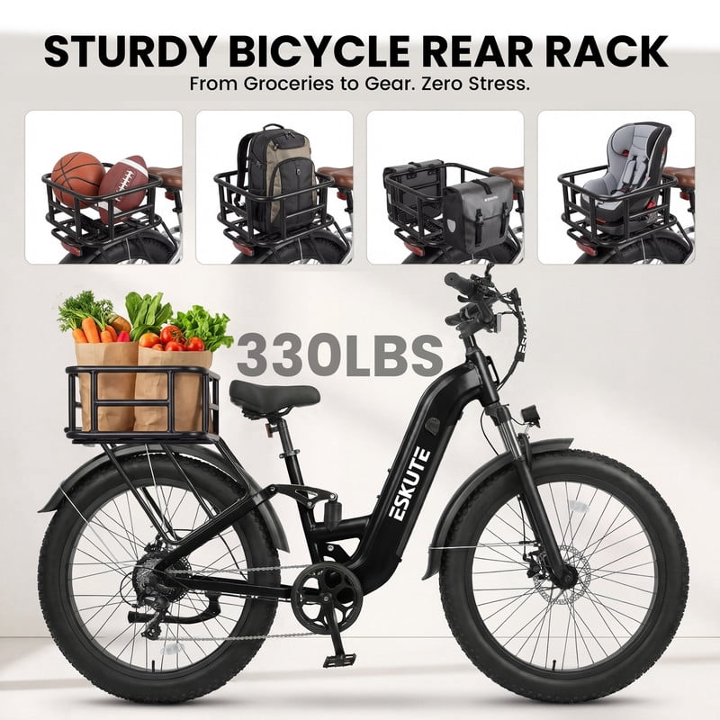 ESKUTE C300 1500W Electric Bike for Adults, 48V 20.8Ah Battery, 32MPH, 80 Miles Range, 26x4.0 Fat Tire Step-Thru Ebike, Full Suspension Electric Bicycle, 8-Speed Pink, UL2849
