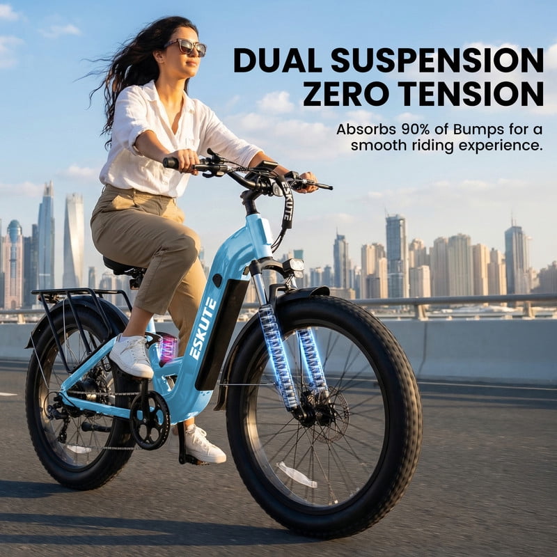 ESKUTE C300 1500W Electric Bike for Adults, 48V 20.8Ah Battery, 32MPH, 80 Miles Range, 26x4.0 Fat Tire Step-Thru Ebike, Full Suspension Electric Bicycle, 8-Speed Pink, UL2849