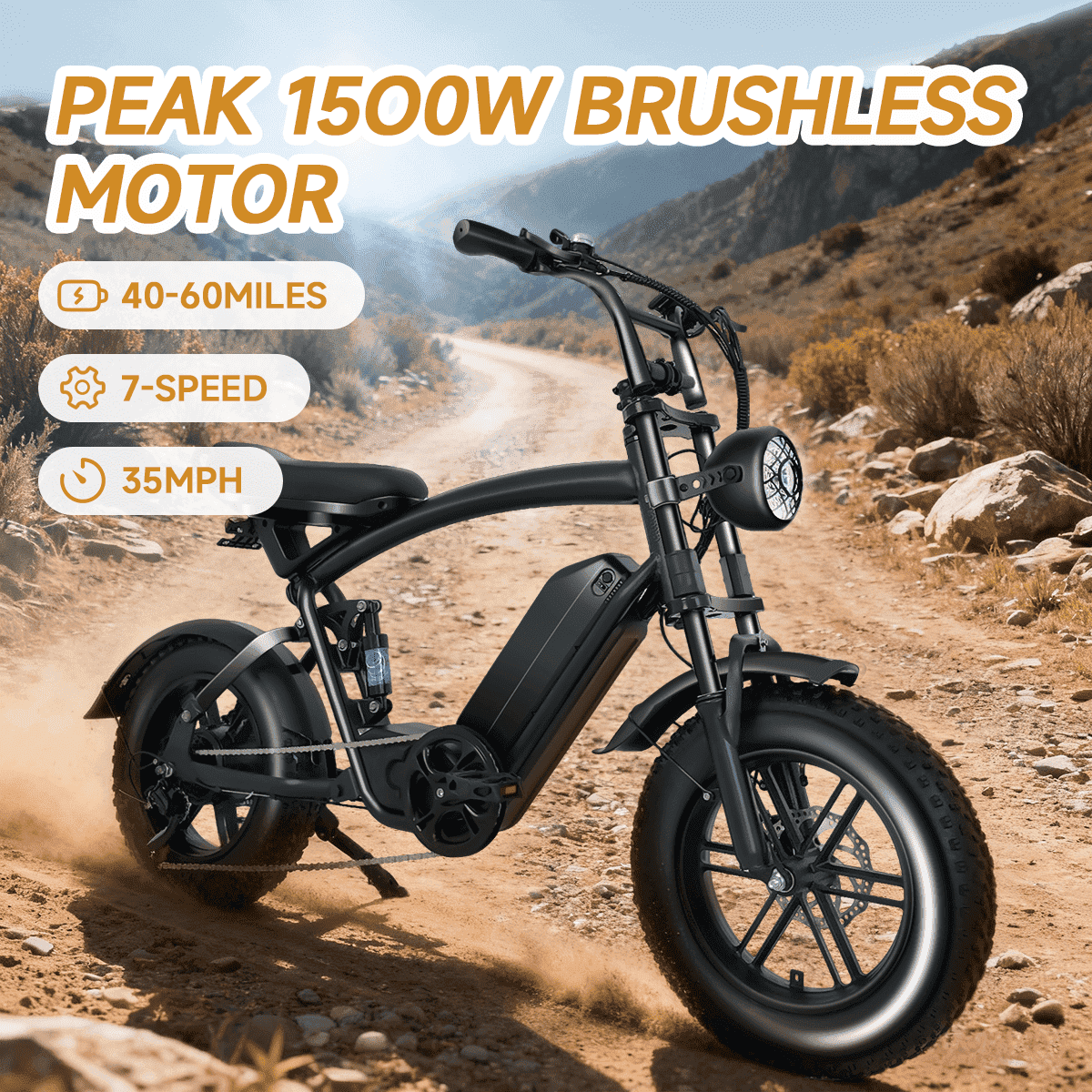 1500W Peak Electric Bike for Adults, 30MPH Electric Bike, 16 Fat Tire E-Mountain Bikes, Dual Suspension Ebike, Removable 48V 13Ah Battery, 7-Speed, UL 2849