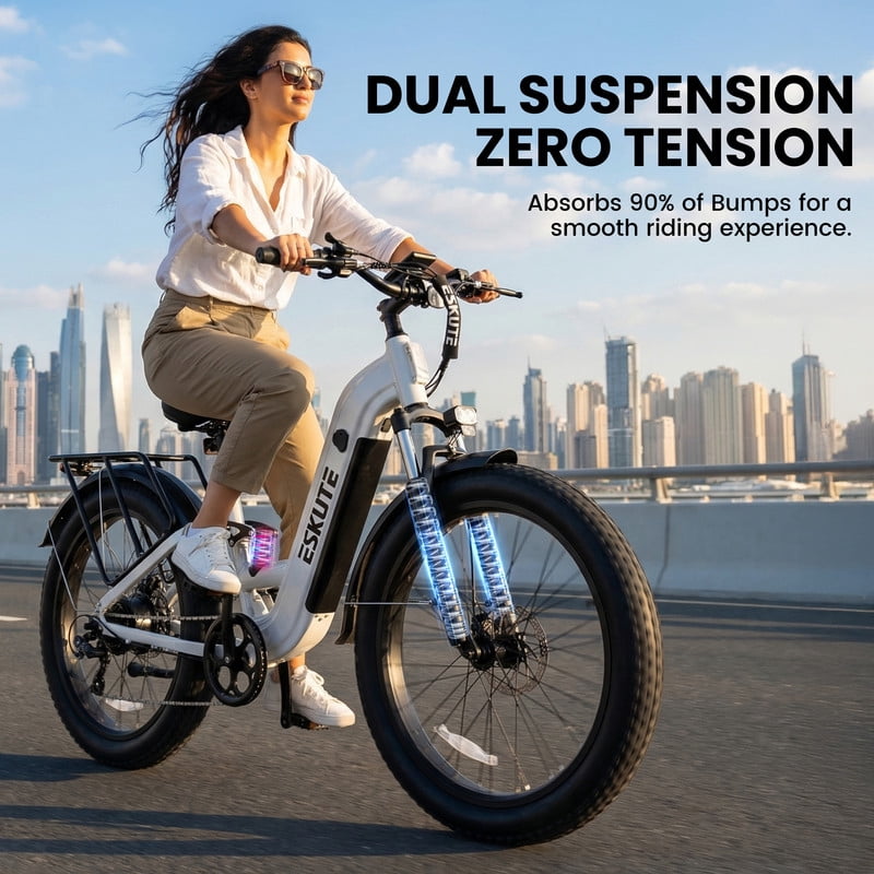 ESKUTE C300 1500W Electric Bike for Adults, 48V 20.8Ah Battery, 32MPH, 80 Miles Range, 26x4.0 Fat Tire Step-Thru Ebike, Full Suspension Electric Bicycle, 8-Speed Pink, UL2849