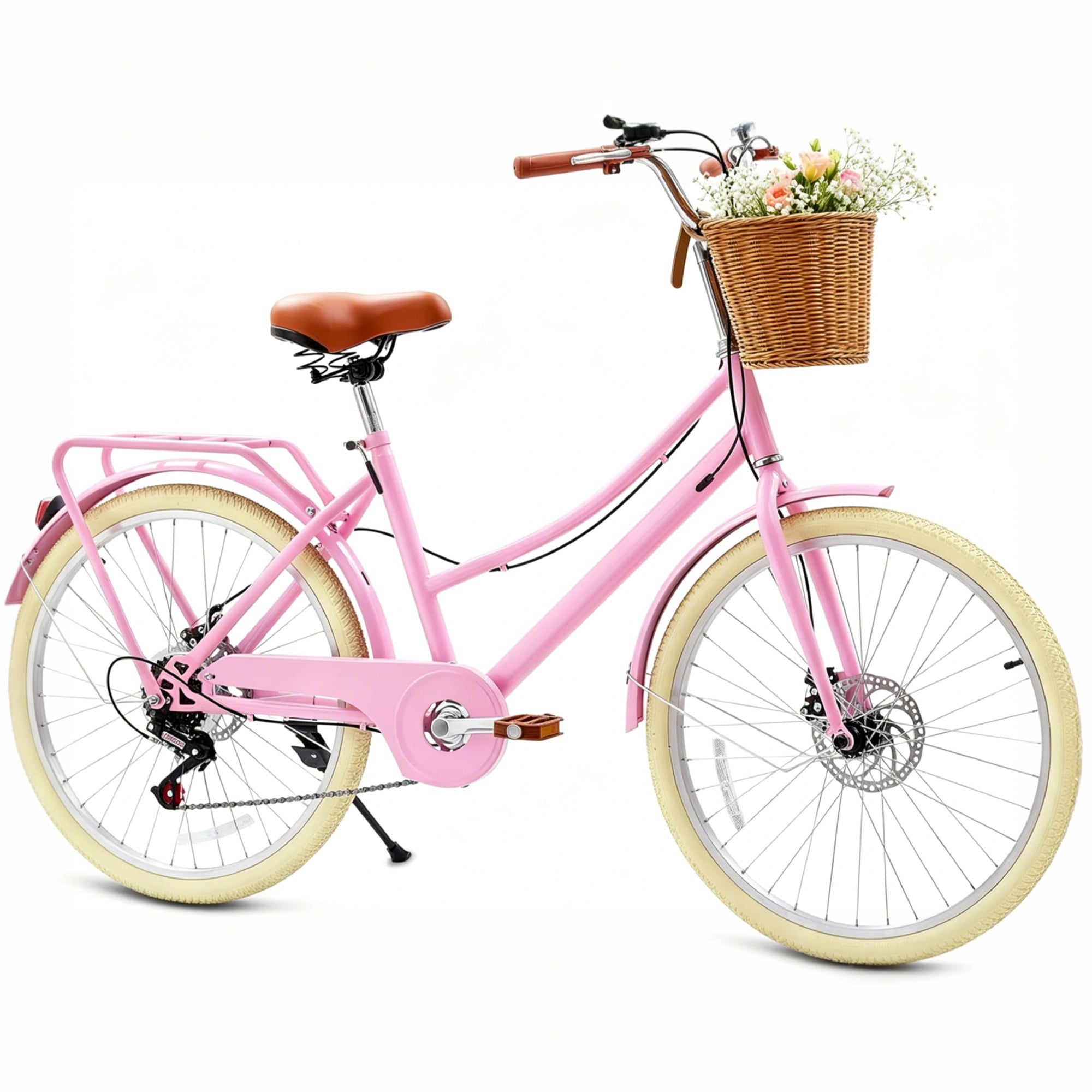 24 Beach Cruisers for Women, Pipleo Bikes for Women with Rattan Basket, 7-Speed & Step-Through Frame
