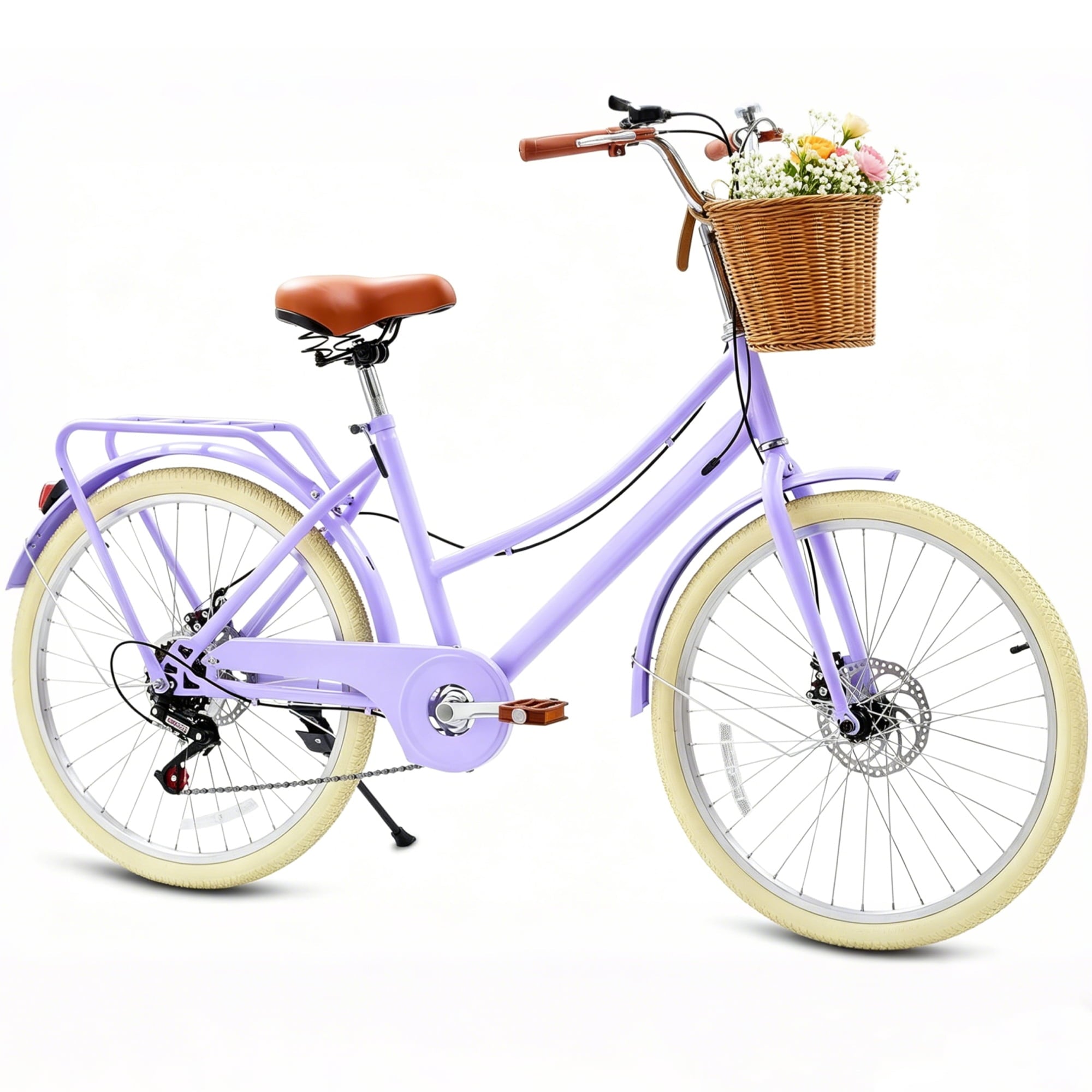 24 Beach Cruisers for Women, Pipleo Bikes for Women with Rattan Basket, 7-Speed & Step-Through Frame