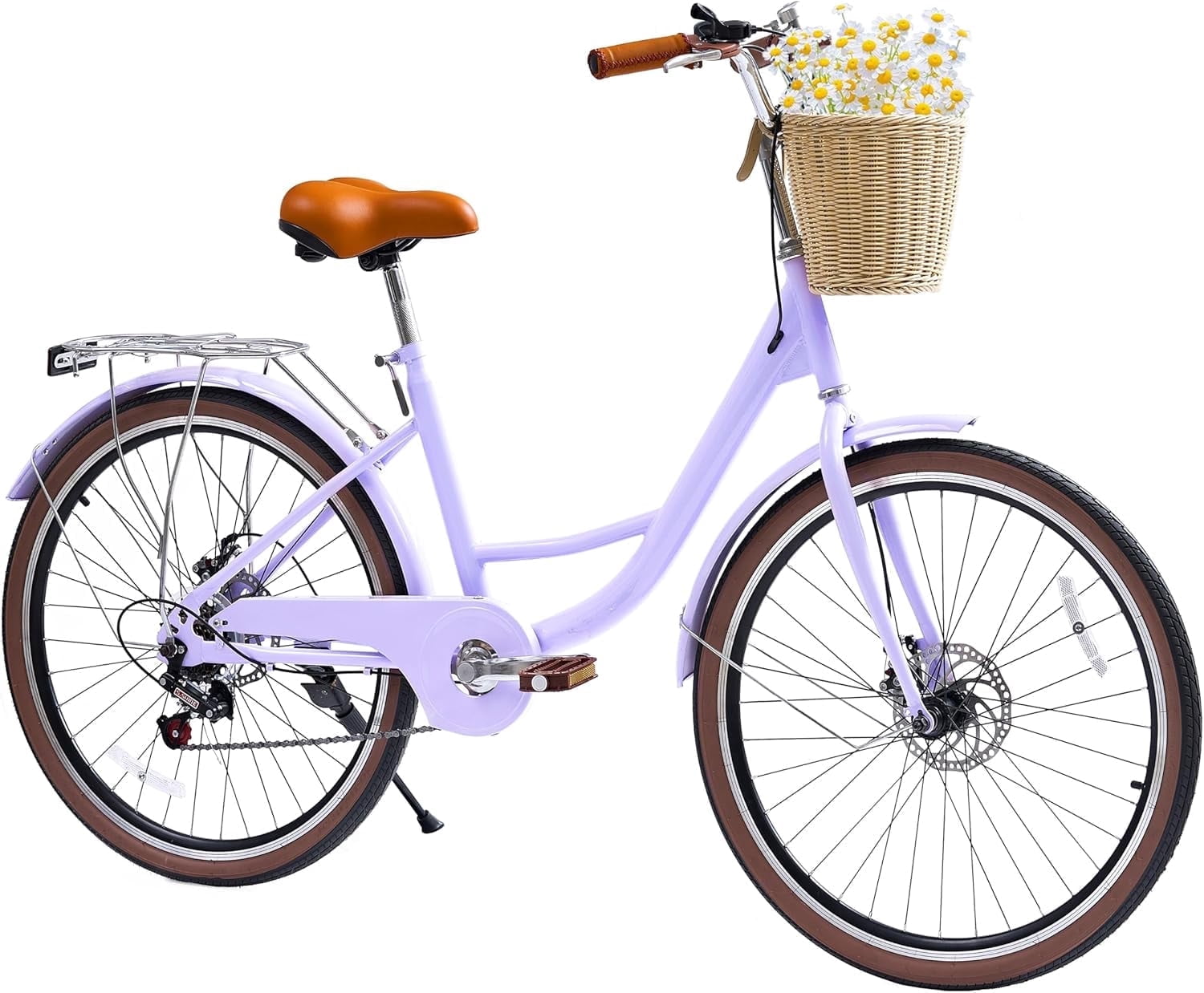 24 Beach Cruisers for Women, Pipleo Bikes for Women with Rattan Basket, 7-Speed & Step-Through Frame
