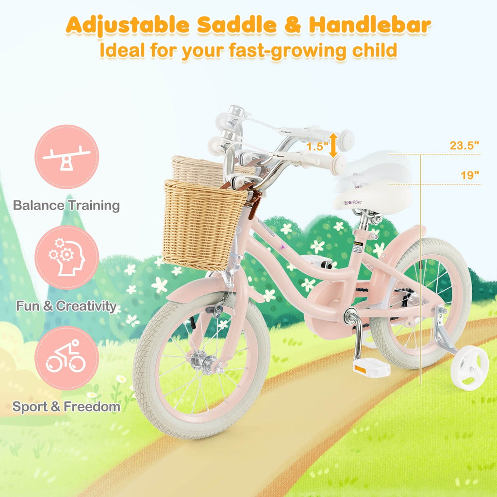 Costway 14 Kid's Bike with Training Wheels Adjustable Handlebar Seat Handbrake Pink