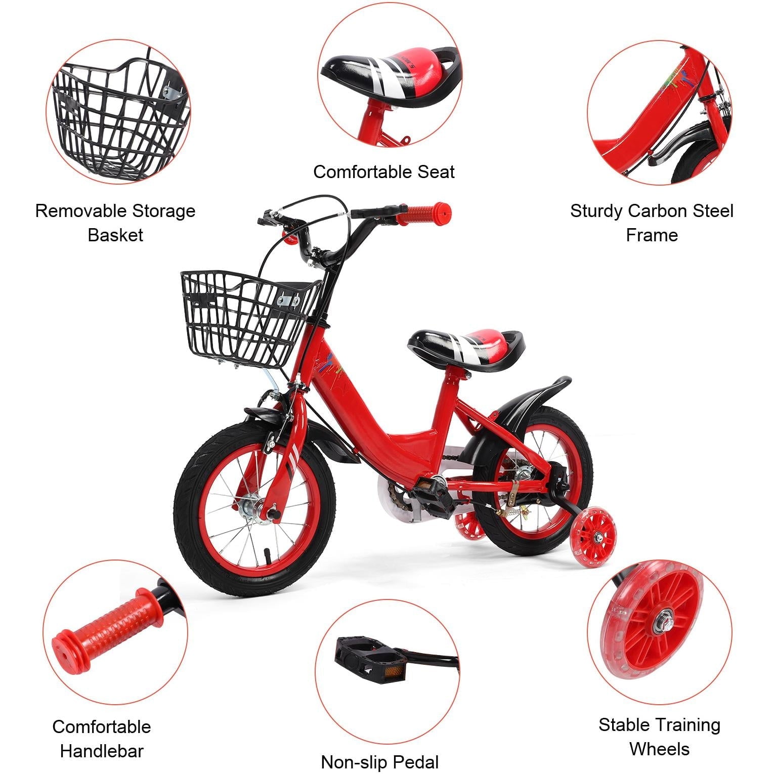 12 inch Kids Bike with Training Wheels, Children Bike with Adjustable Handlebar, Kids Bicycle for Boys Girls Toddlers Age 3-5, 2-in-1 Red Toddler Bike