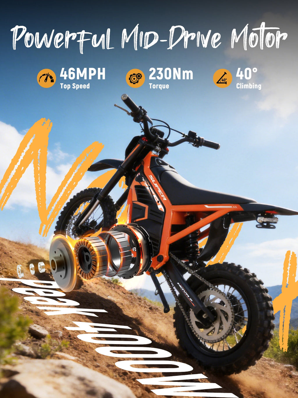 ESKUTE NovaX Electric Dirt Bike for Teens & Adults, 4000W Peak Mid-Drive Motor, 35-46 MPH Off-Road E-Bike, 48V 22.8Ah Battery, 14/12 Wheels, Hydraulic Dual Shock Suspension Orange