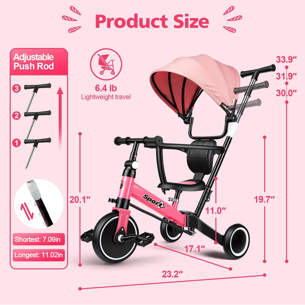 WLRETMCI 7 in 1 Toddler Bike, Tricycle for Toddlers 1-5 Year Old with UV Canopy, Balance Bike with Parental Control Handle, Adjustable Seat Height, Removable Pedal, Backrest (Pink)