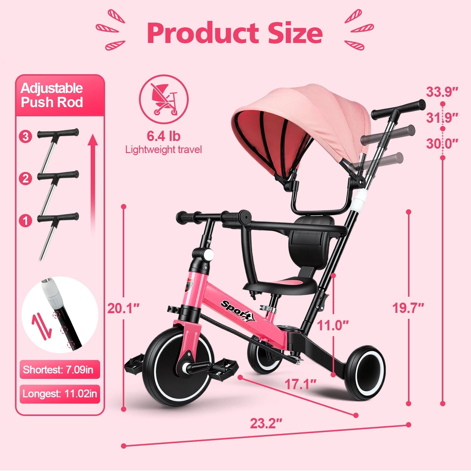WLRETMCI 7 in 1 Toddler Bike, Tricycle for Toddlers 1-5 Year Old with UV Canopy, Balance Bike with Parental Control Handle, Adjustable Seat Height, Removable Pedal, Backrest (Pink)