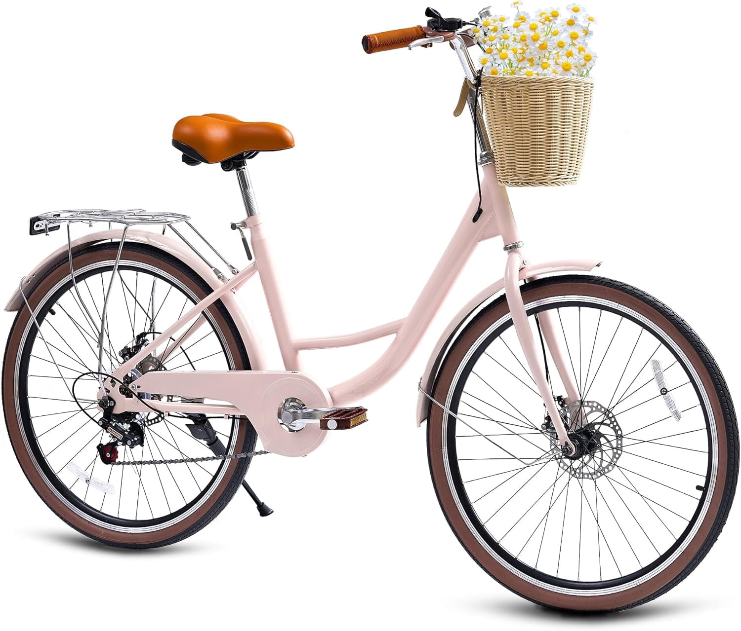 24 Beach Cruisers for Women, Pipleo Bikes for Women with Rattan Basket, 7-Speed & Step-Through Frame