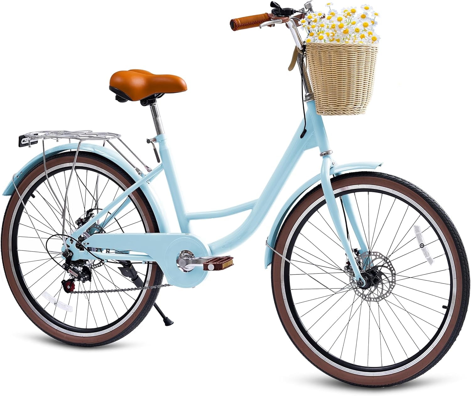 24 Beach Cruisers for Women, Pipleo Bikes for Women with Rattan Basket, 7-Speed & Step-Through Frame