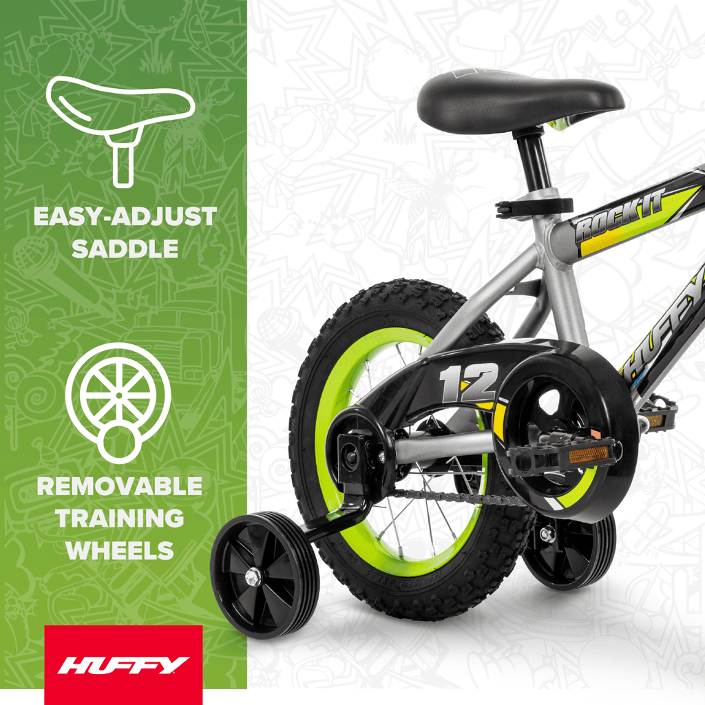 Huffy 12 Rock It Kids' Bike, Fits Riders 37 - 42, Gray/Green, Youth, Boys