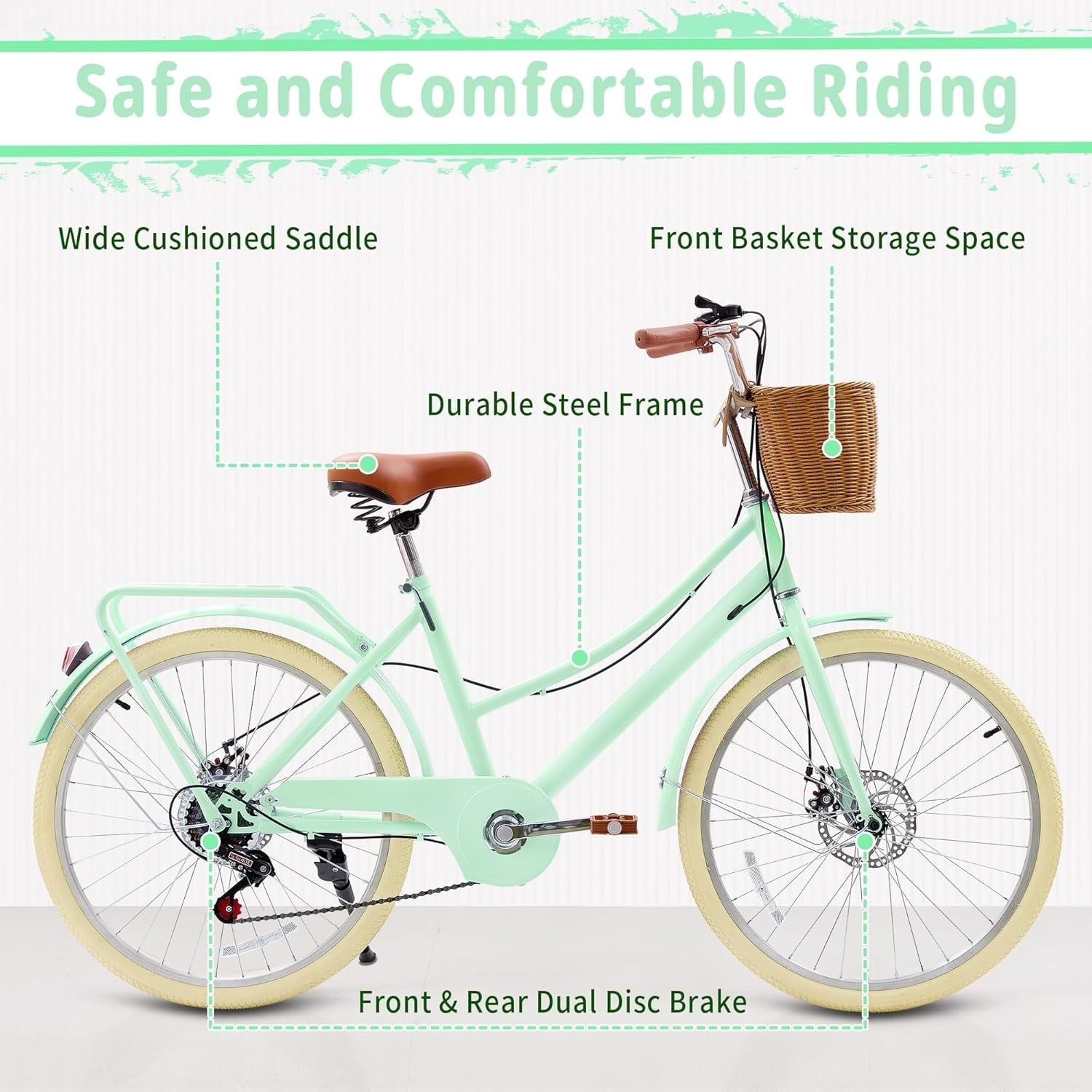 24 Beach Cruisers for Women, Pipleo Bikes for Women with Rattan Basket, 7-Speed & Step-Through Frame