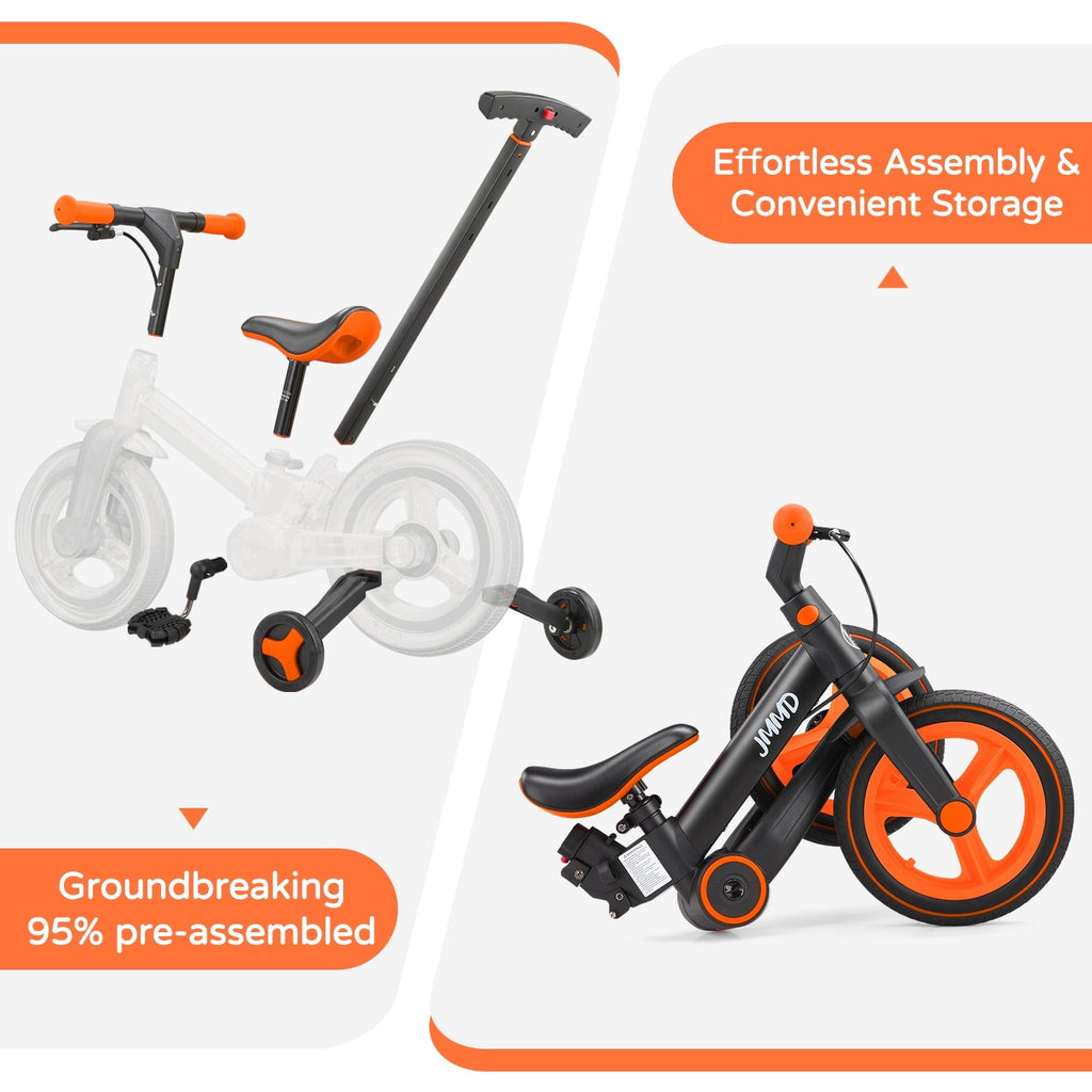 JMMD Toddler Bike with Push Handle for Kid 18-60 Months, 6 in 1 Foldable Tricycle with Training Wheel, Pedals, Kid Balance Bike for Boy & Girl, Black