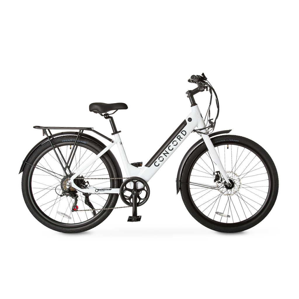 Concord 27.5 Step-Thru Electric Bike, 36V, Class 2, Aluminum, 49 Pounds, White, Unisex, Fits Riders 5'1 - 6'1