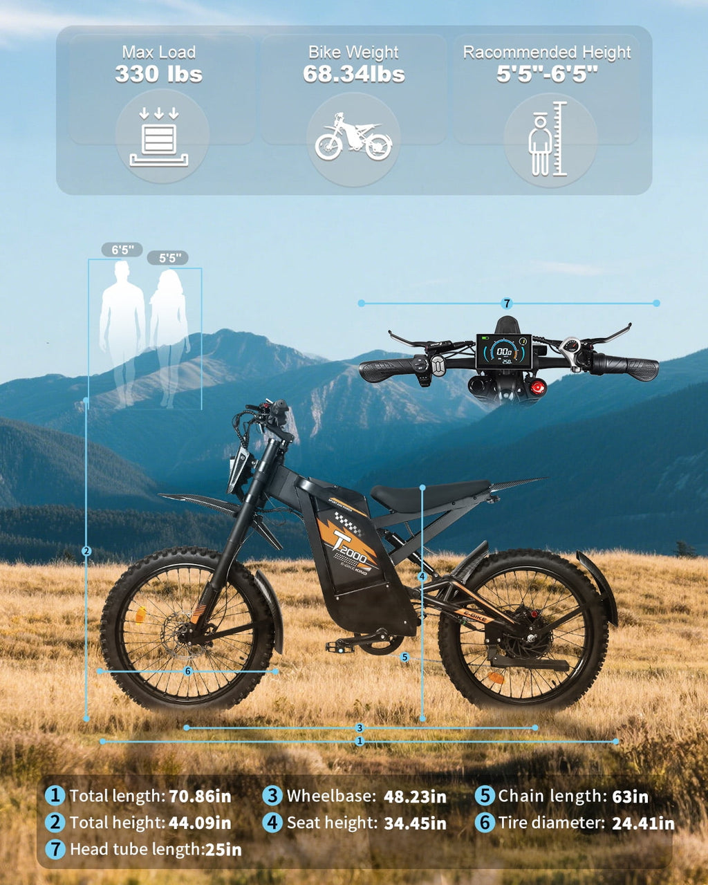 OUXI T2000 Electric Dirt Bike for Adults,3000W Peak Electric Bike,48V 30Ah Battery,37MPH/85+Miles Electric Motorcycles,24 Fat Tire E Dirtbike,Dual Hydraulic Brakes Mountain Bike,E Dirt Bike UL2849