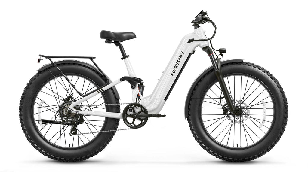 PUCKIPUPPY Electric Bikes for Adults 26 Step-Thru Ebikes 960W Peak Motor 80Miles Range 28mph Max Speed 48V 20AH Battery Full Suspension Fat Tire Mountain E Bike 7 Speed, Comply with UL2849 By SGS