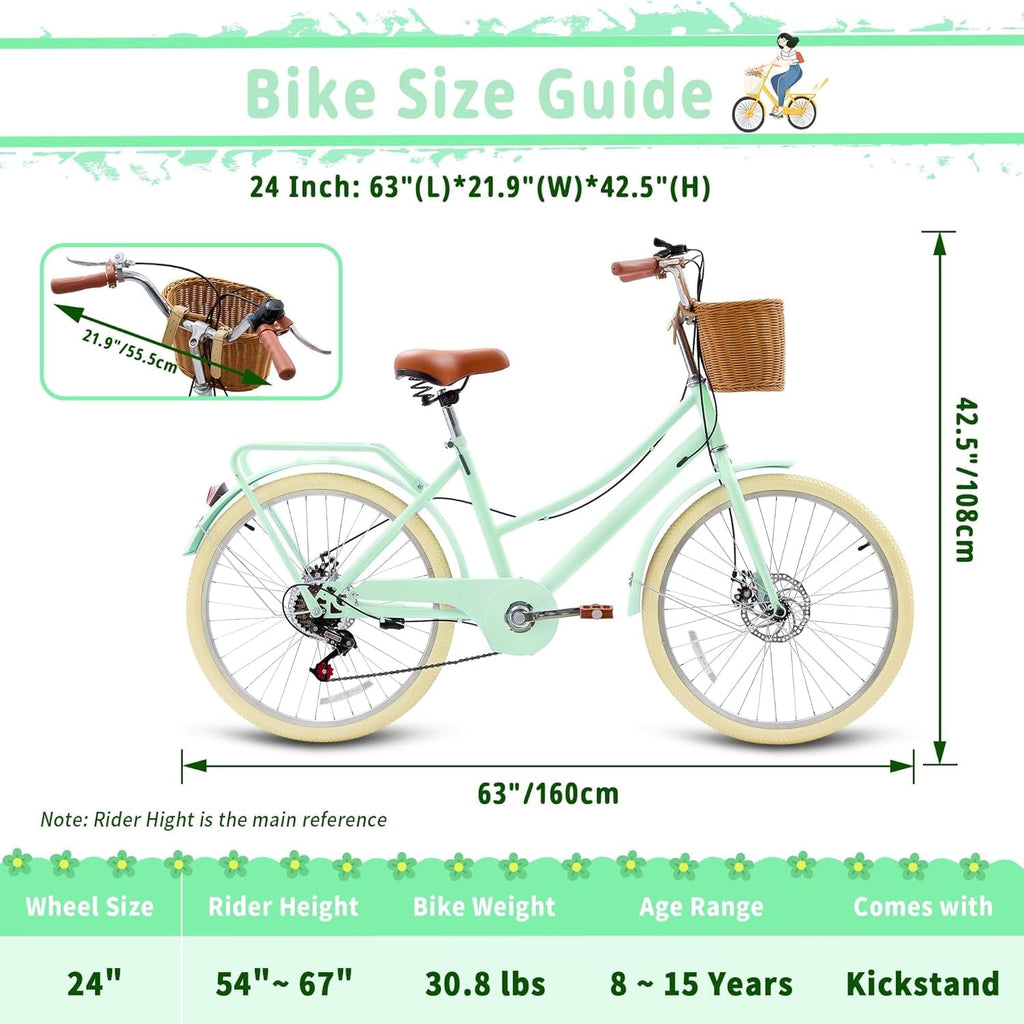 24 Beach Cruisers for Women, Pipleo Bikes for Women with Rattan Basket, 7-Speed & Step-Through Frame